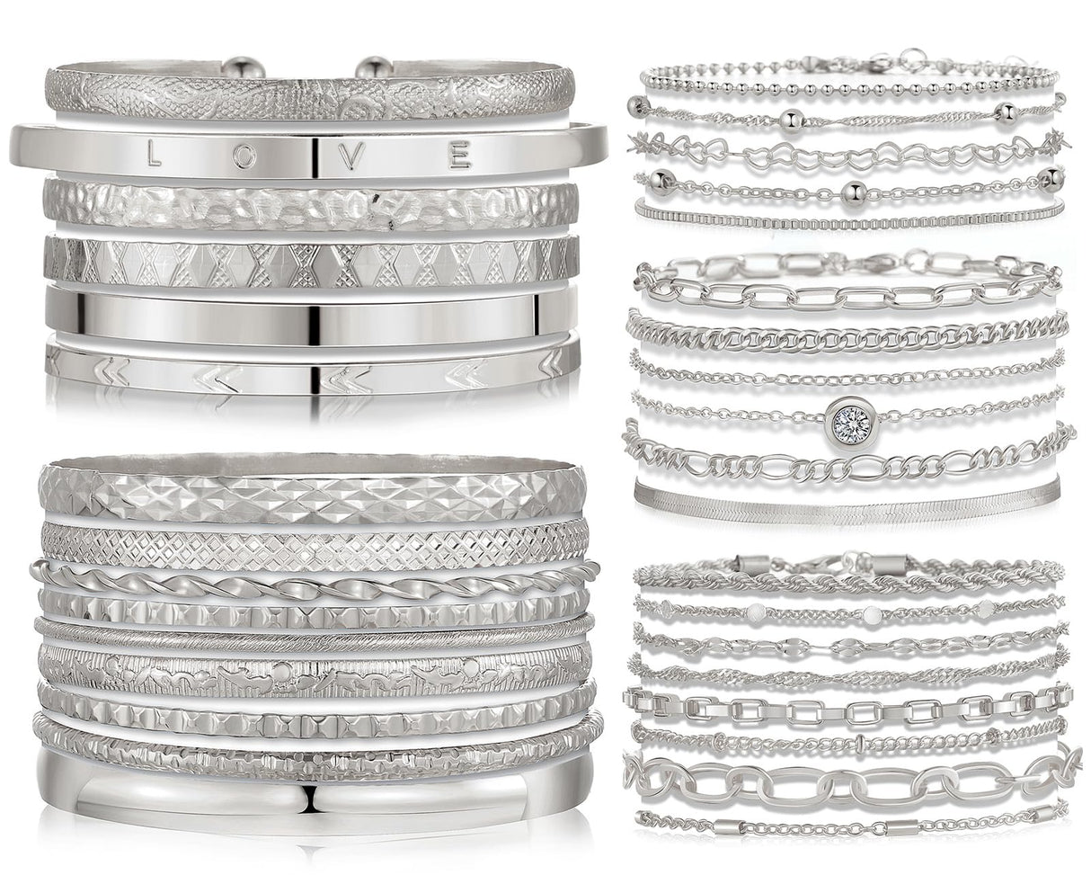 IFKM 5 PACK (35 PCS) Silver Chain Bangles Bracelets Set for Women, Silver Multiple Layered Stackable Open Cuff Bangle Anklet Bracelet Trendy Elegance Link Beads Italian Boho Cuban Jewelry for Women Gift