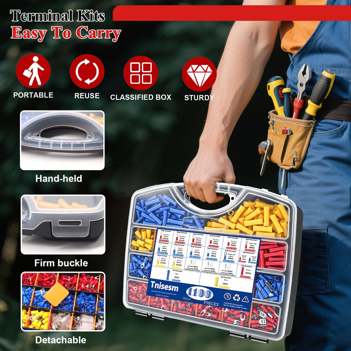 Tnisesm 1100PCS Wire Connector Kit with Crimping Tool, Copper Insulated Electrical Wire Terminals - Ring, Butt, Spade, Fork, Assorted Crimp Connectors in Reusable Carrying Case