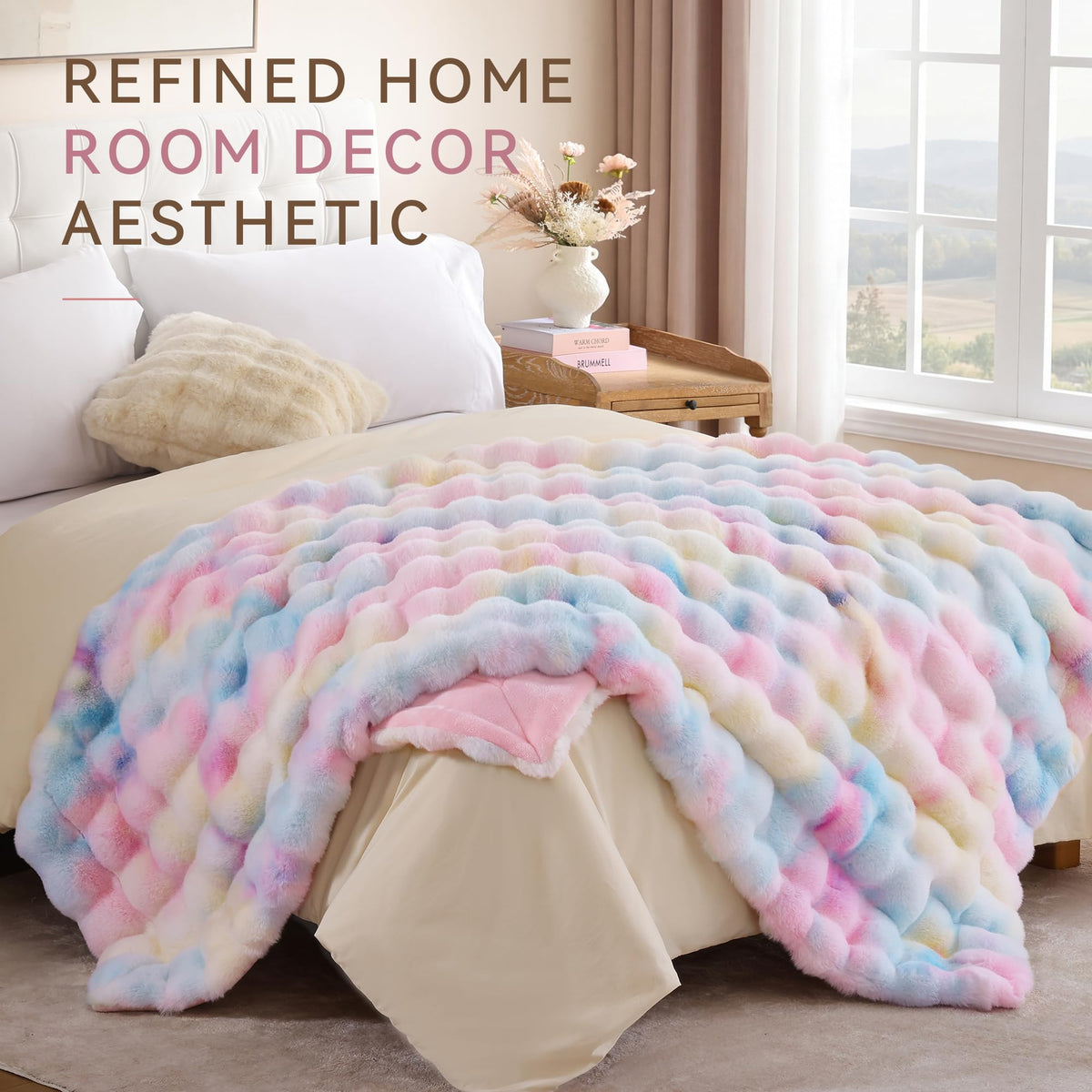 Smoofy Faux Rabbit Fur Throw for Couch - Rainbow Bubble Blanket 50"x60"