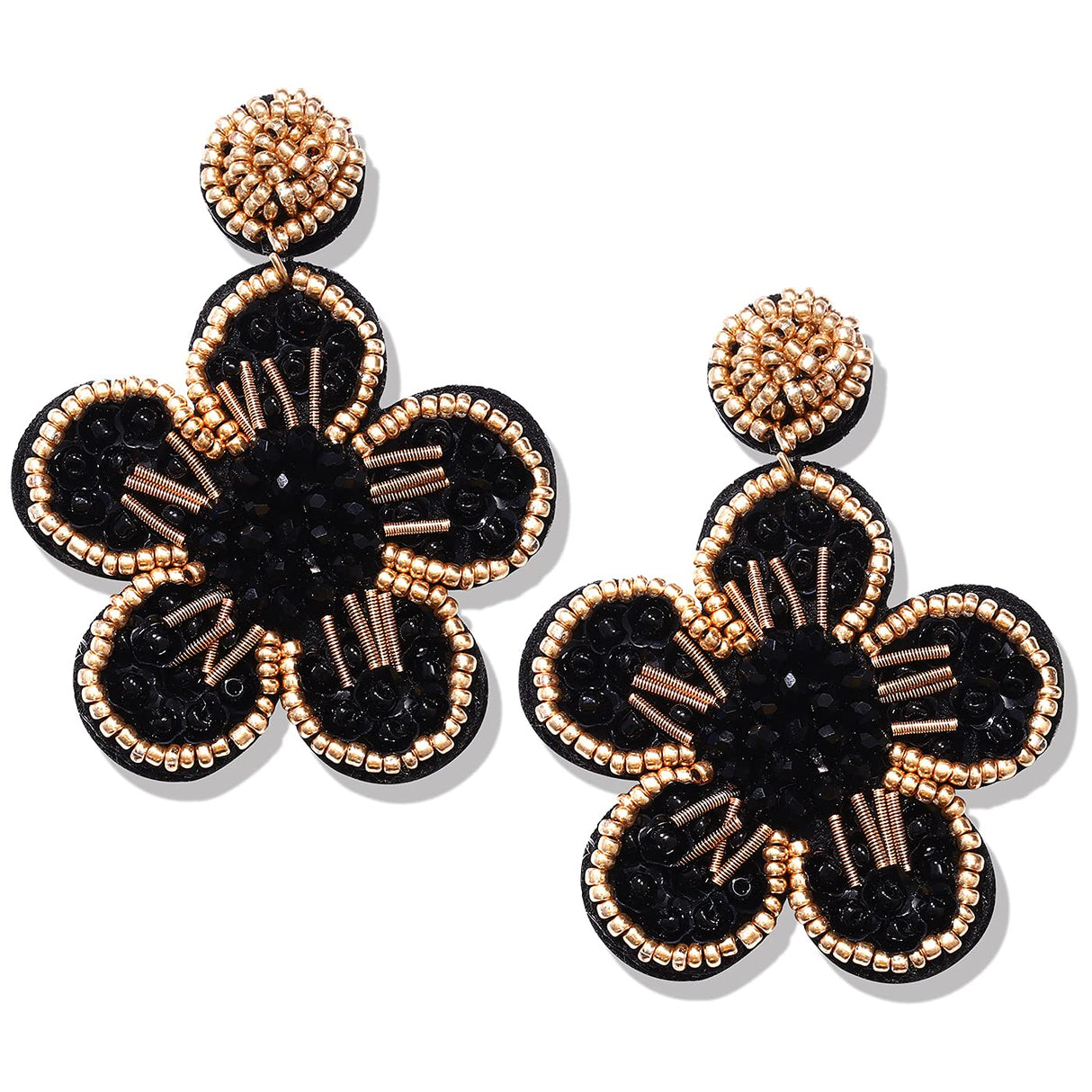 Beaded Drop Earrings Statement Colorful Beaded Flower Earrings Handmade Bohemia Tropical Beadwork Dangle Earrings For Woman (black)