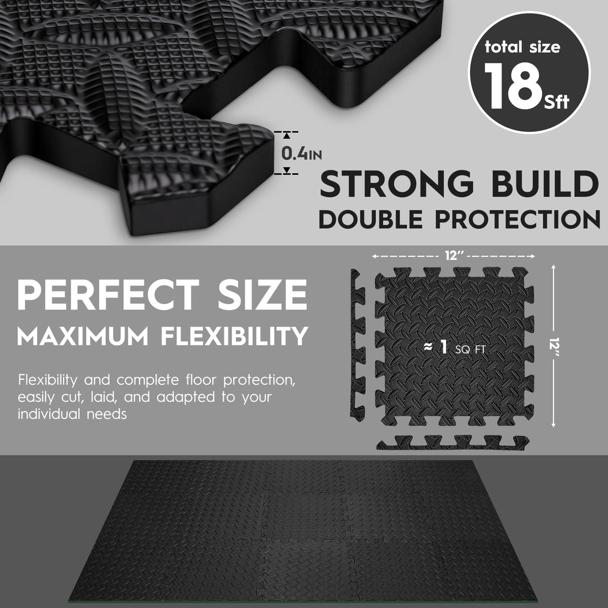 Haulcove 18 Tiles Puzzle Exercise Mat, EVA Interlocking Foam Floor Tiles, Non-Slip, Protective, Water-Resistant Flooring for Home Gym & Workout Equipment, 12.6" x 12.6" x 0.4", 18 Sq Ft, Black