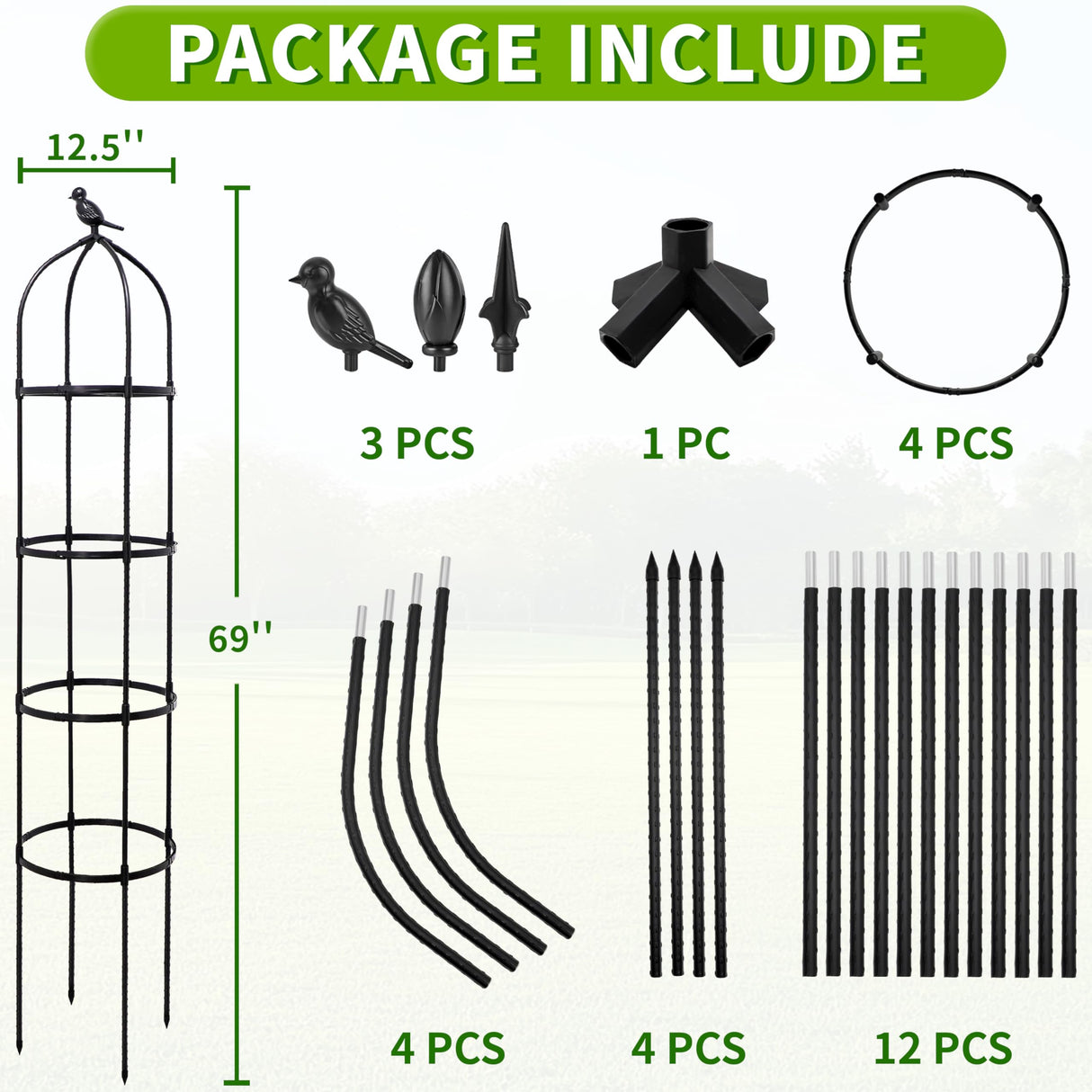 6FT Garden Obelisk Trellis for Climbing Plants,Adjustable 4-Tier Metal Plant Support,Rustproof Outdoor Plant Tower with 3 Decorative Tops for Roses,Tomatoes,Clematis & Vines,Black