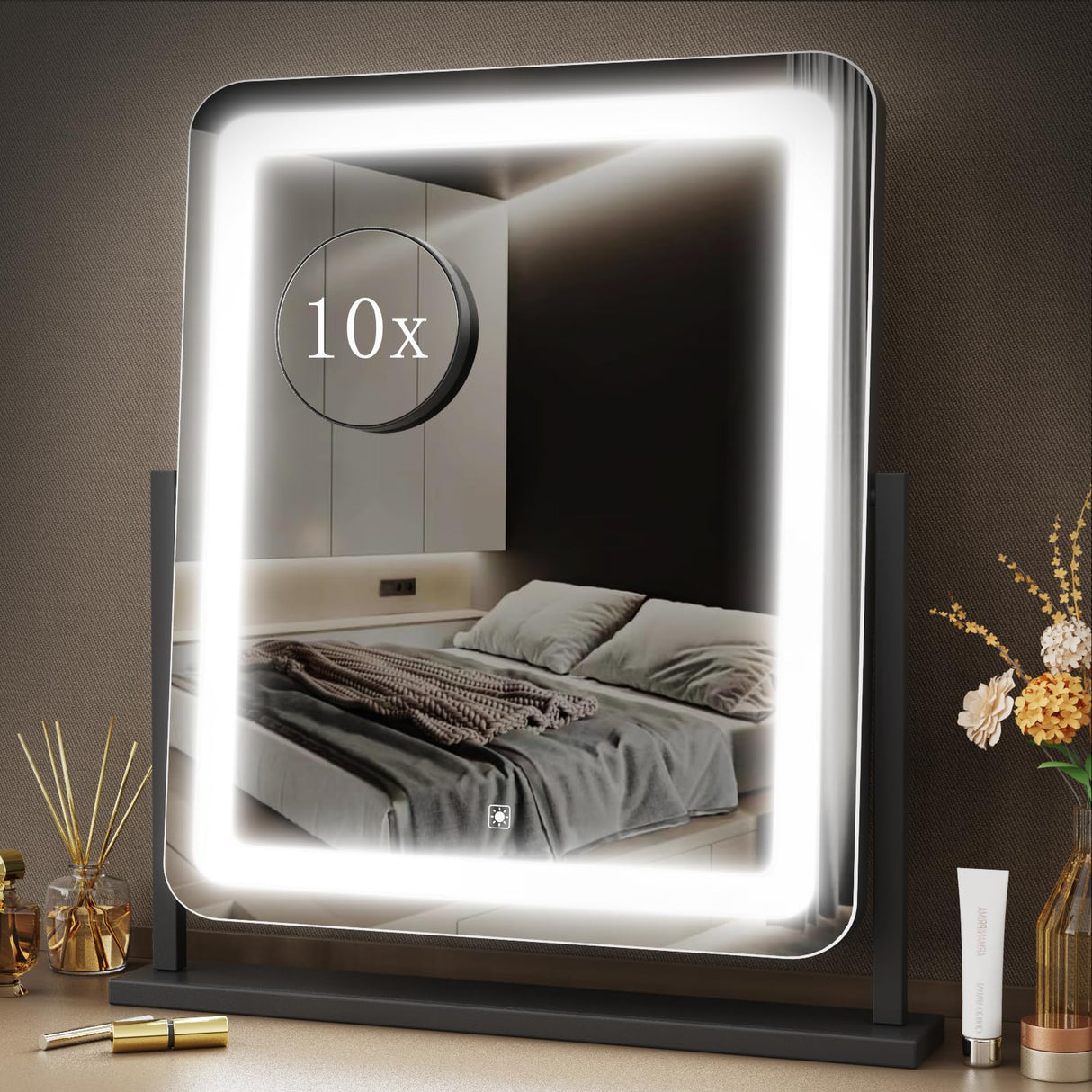 Gvnkvn Makeup Vanity Mirror with Lights 15.2" Large LED Lighted Mirror, Hollywood Make Up Mirror with Lighting for Bedroom Tabletop, Smart Touch, Detachable 10X Magnification 360° Rotation, (Black)