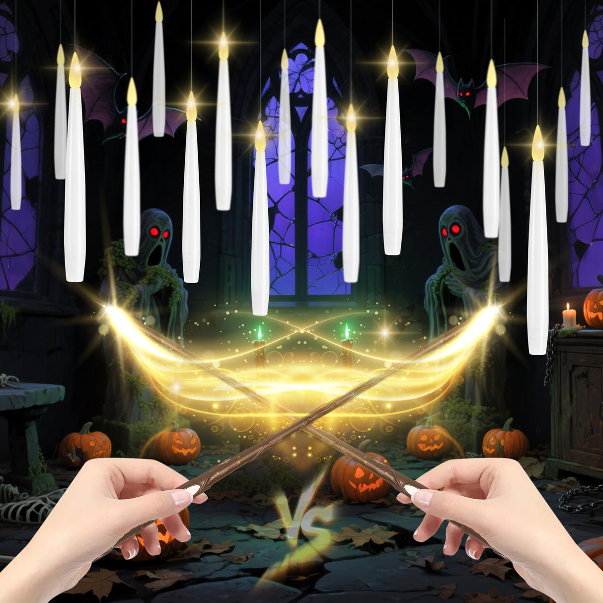 LUSHARBOR Floating Candles with Wand, 20 Pack Halloween Battery Operated LED Hanging Candles Electric Floating Candle for Halloween Party Decor Christmas 10.8in