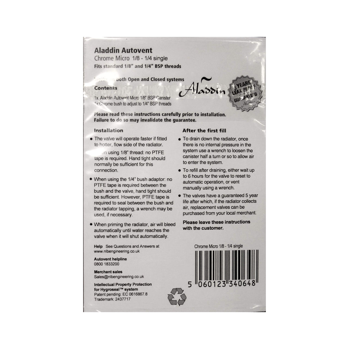 Aladdin Autovent Fully Automatic Radiator Micro 1/8-1/4″ De-Aeration Valve - 1 Pack