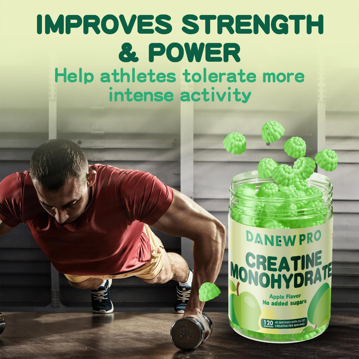 DANEW Pro Creatine Monohydrate Gummies 5000mg for Men & Women, Creatine Monohydrate for Muscle Strength, Muscle Builder, Energy Boost, Pre-Workout Supplement(120 Count)-Apple Flavor