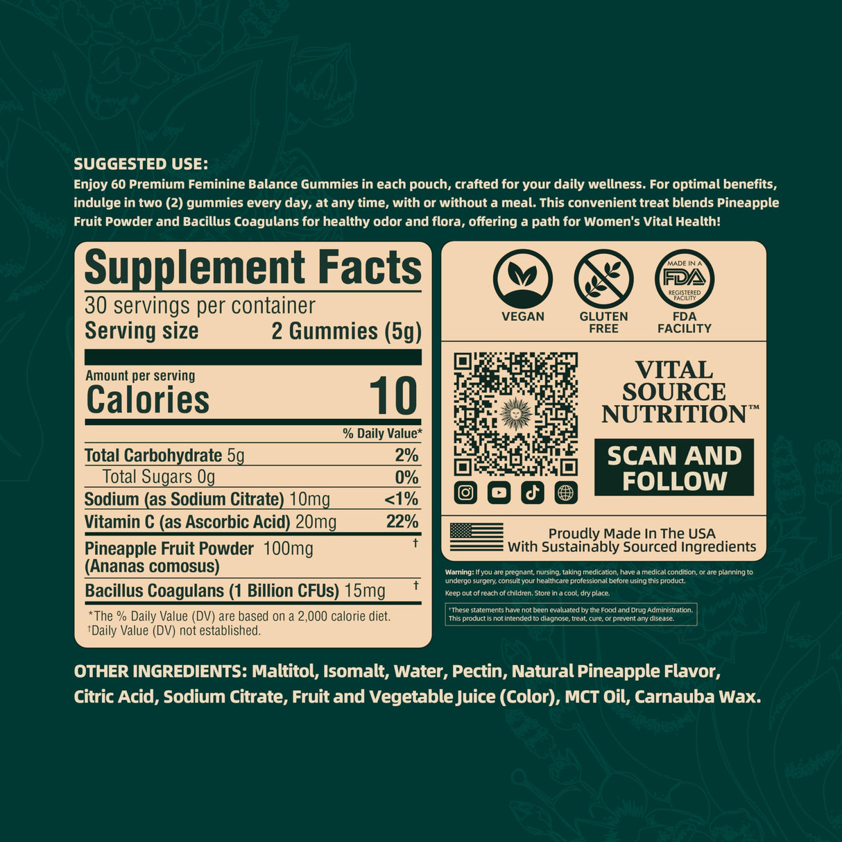 2 Pack Vital Source Nutrition - Premium Feminine Balance Gummies - for Women’s Health & Wellness - Immune Support - Vegan, Gluten-Free - Hawaiian Pineapple - 60 Gummies - 30 Servings