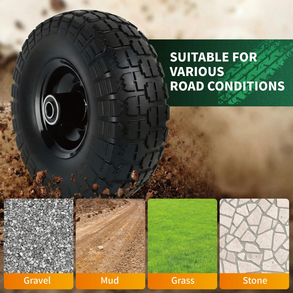 10 Inch Solid Dolly Tire Wheels, 4.10/3.50-4, 5/8" Axle, 4 Packs, Black