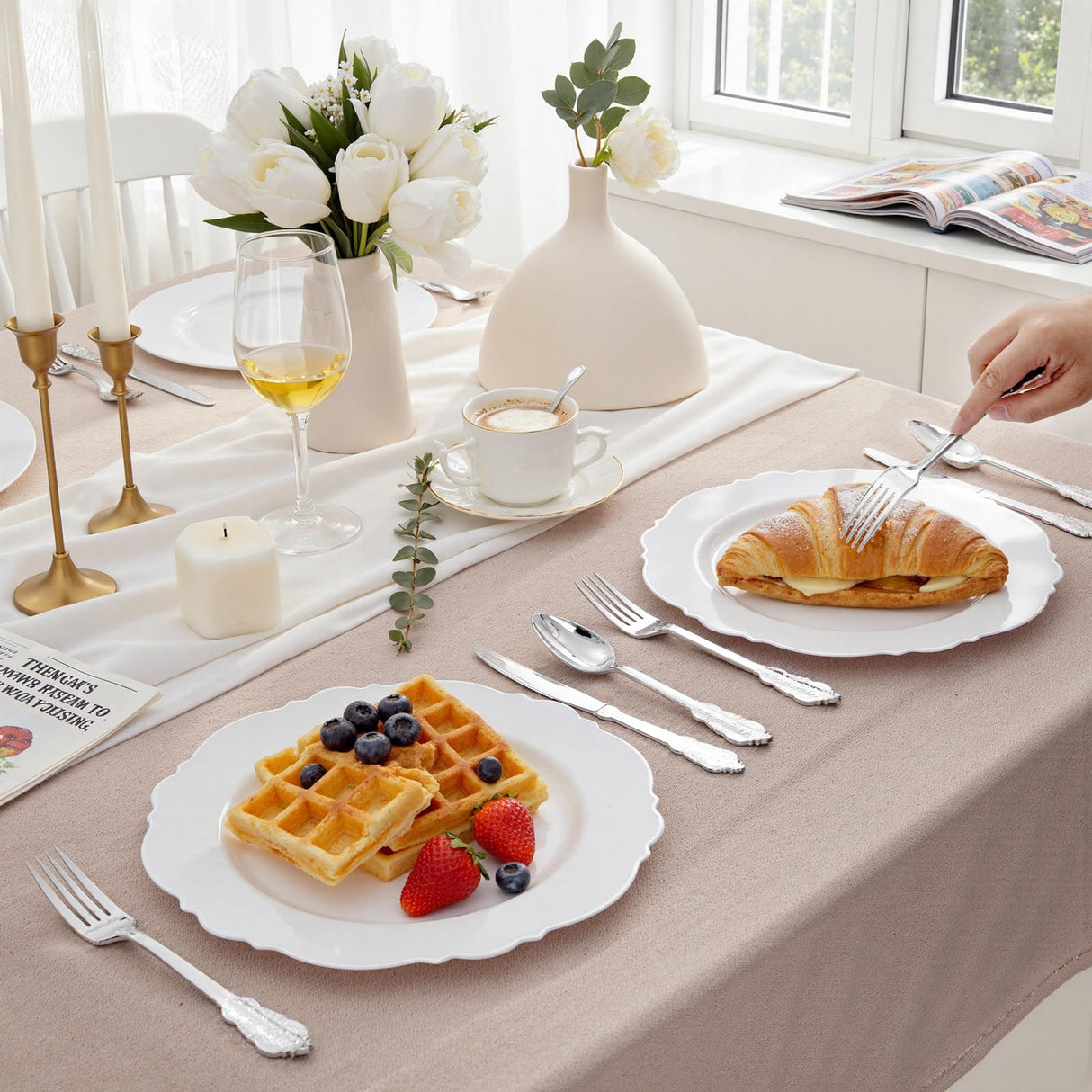 WDF 200 Pieces Silver Plastic Silverware Disposable - 50Guests Silverware Plastic Cutlery - Disposable Utensils Includes 100 Forks, 50 Spoons, 50 Knives Perfect for Christmas Wedding or Party