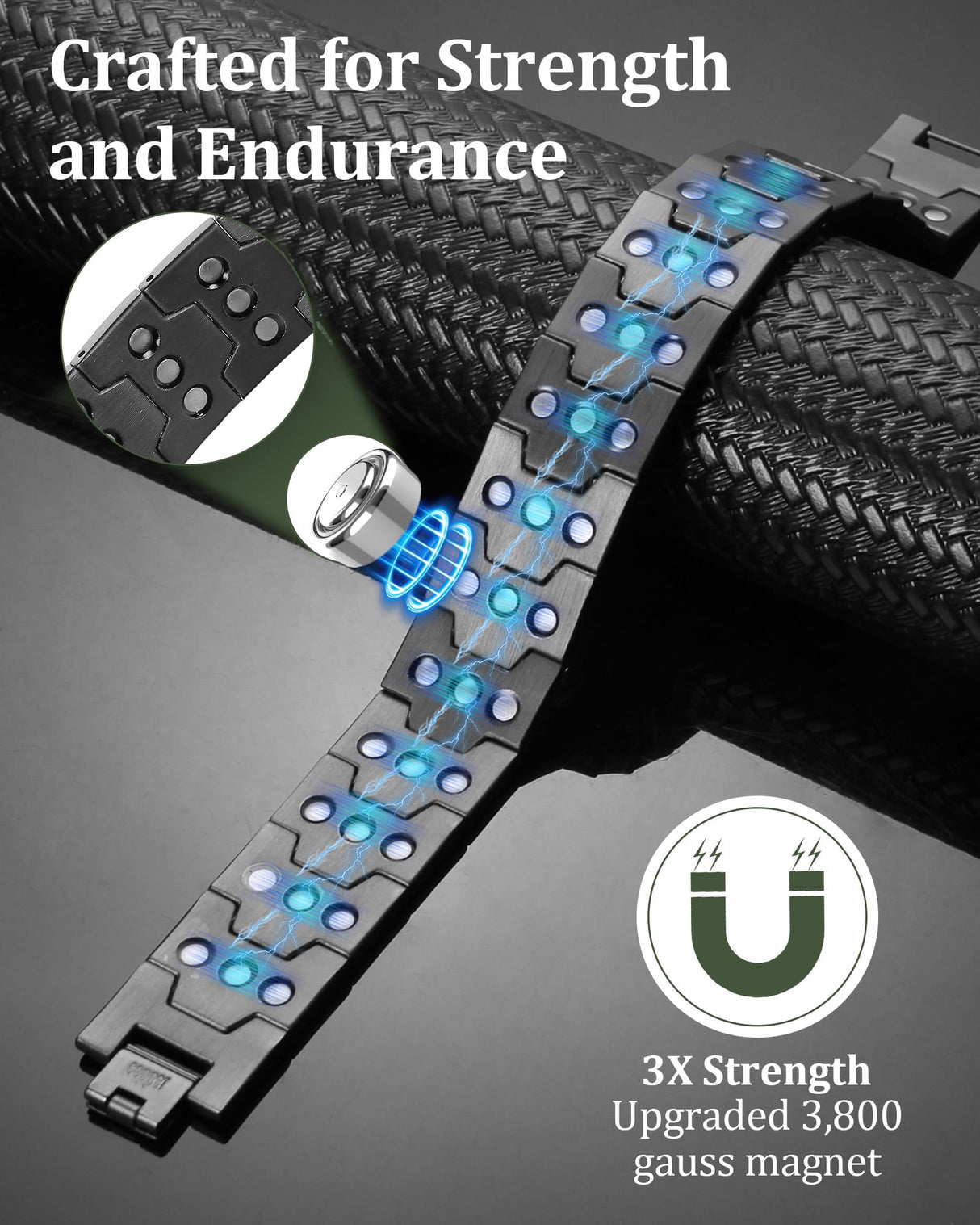Fashtour 3X Copper Bracelet for Men Triple Ultra Strength Magnets, Masculine Design Pure Copper Magnetic Bracelet, Adjustable Length with Sizing Tool (Black)