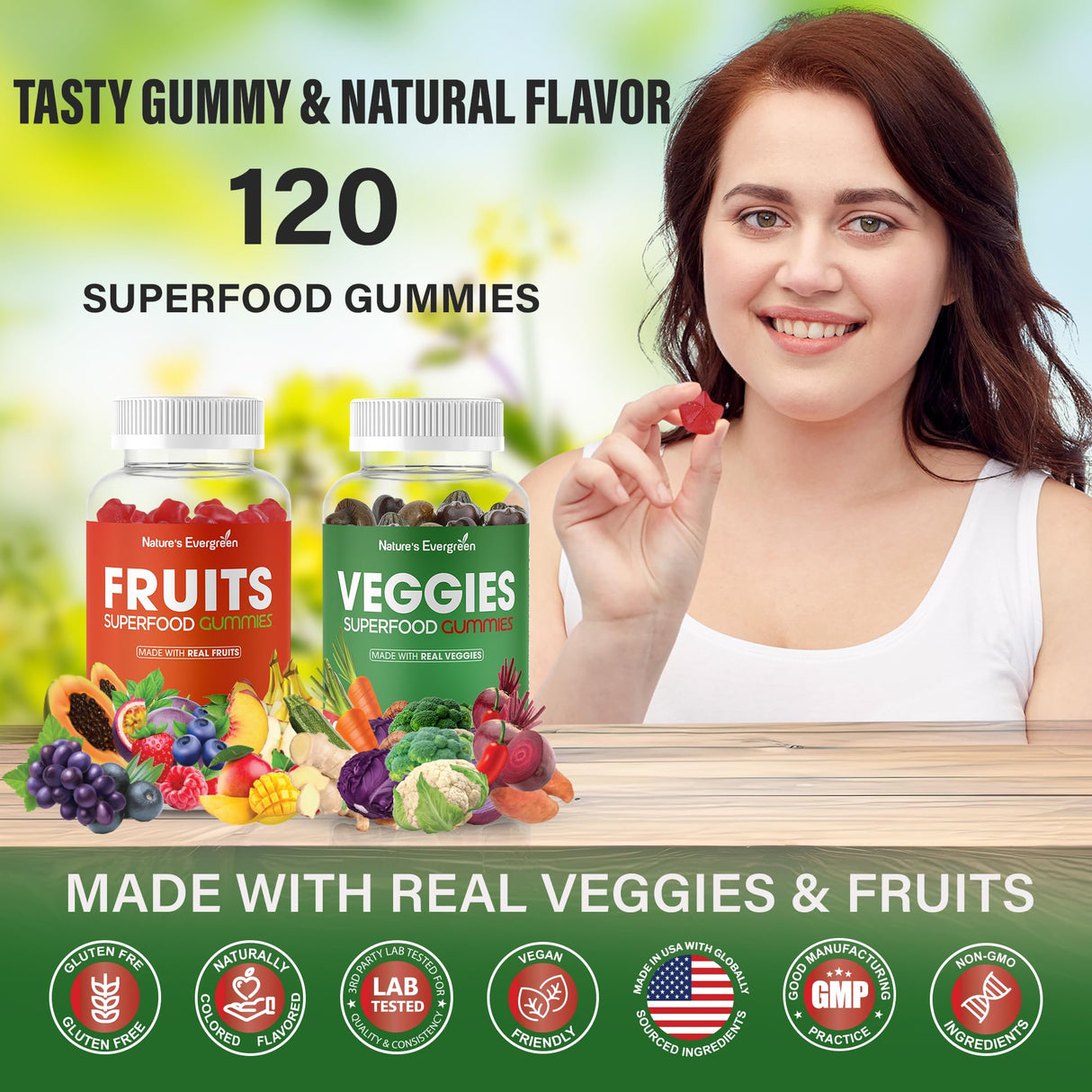 Fruits and Veggies Superfood Gummies Supplement - Fruits and Vegetables Gummy - Nature Vitamins Nutritional Balance, Vegan, Non-GMO, Gluten-Free - (Total 120 Gummies - Pack of 2) Made in USA