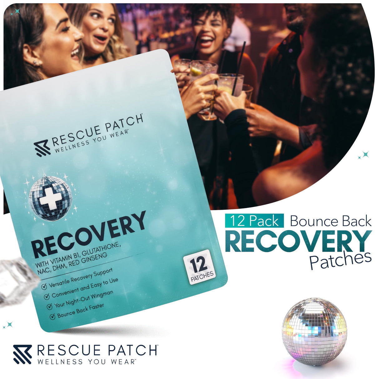Rescue Patch - Recovery Patch, Drinking Patches for After Party Relief, Natural Party Recovery Patches for Hydration and Energy Support, All-Natural Ingredients and Vegan (1, 12, Count)
