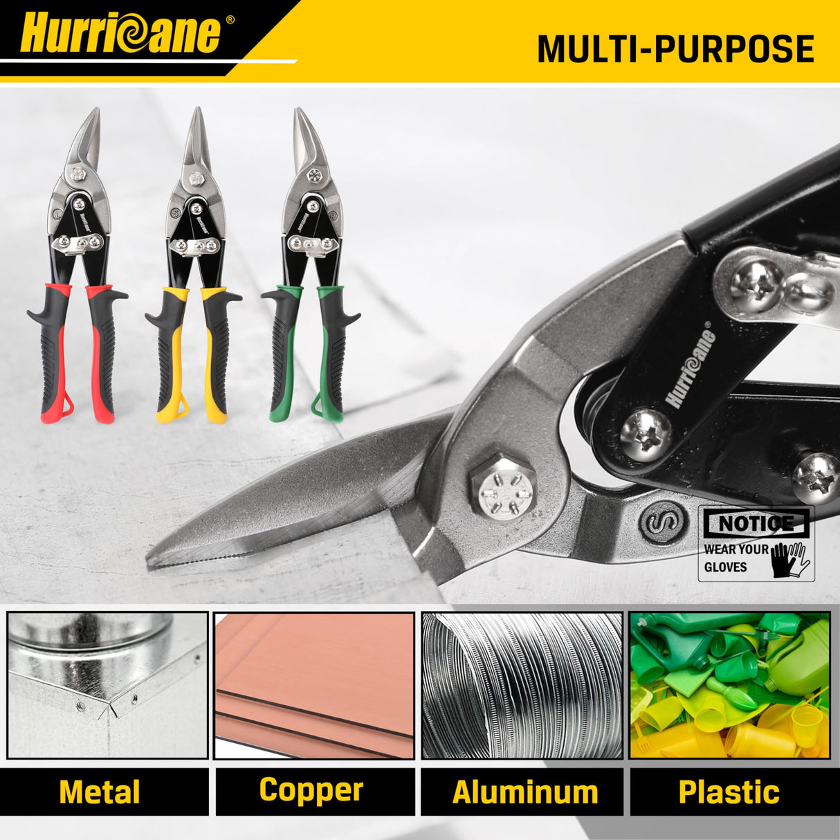 HURRICANE 3 pc Aviation Tin Snips Set, 10 Inch Metal Shears for Straight, Left & Right Curves, Cr-V Steel Blades, Non-Slip TyreGrip Handle, Safety Latch, for Sheet Metal, Gutter, HVAC, DIY