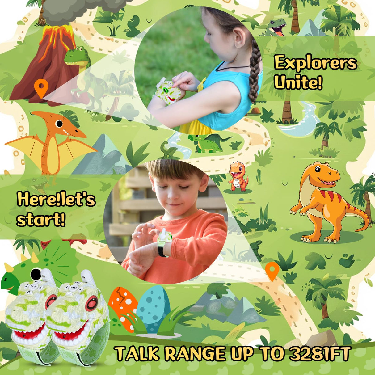 Fygurso Walkie Talkies for Kids 2 Packs, Kids Toys for Boys Girls Aged 3 to 8 Years Old for Outdoor Adventure, Camping, Halloween, Christmas, Birthday Gifts (Green, Dinosaur)