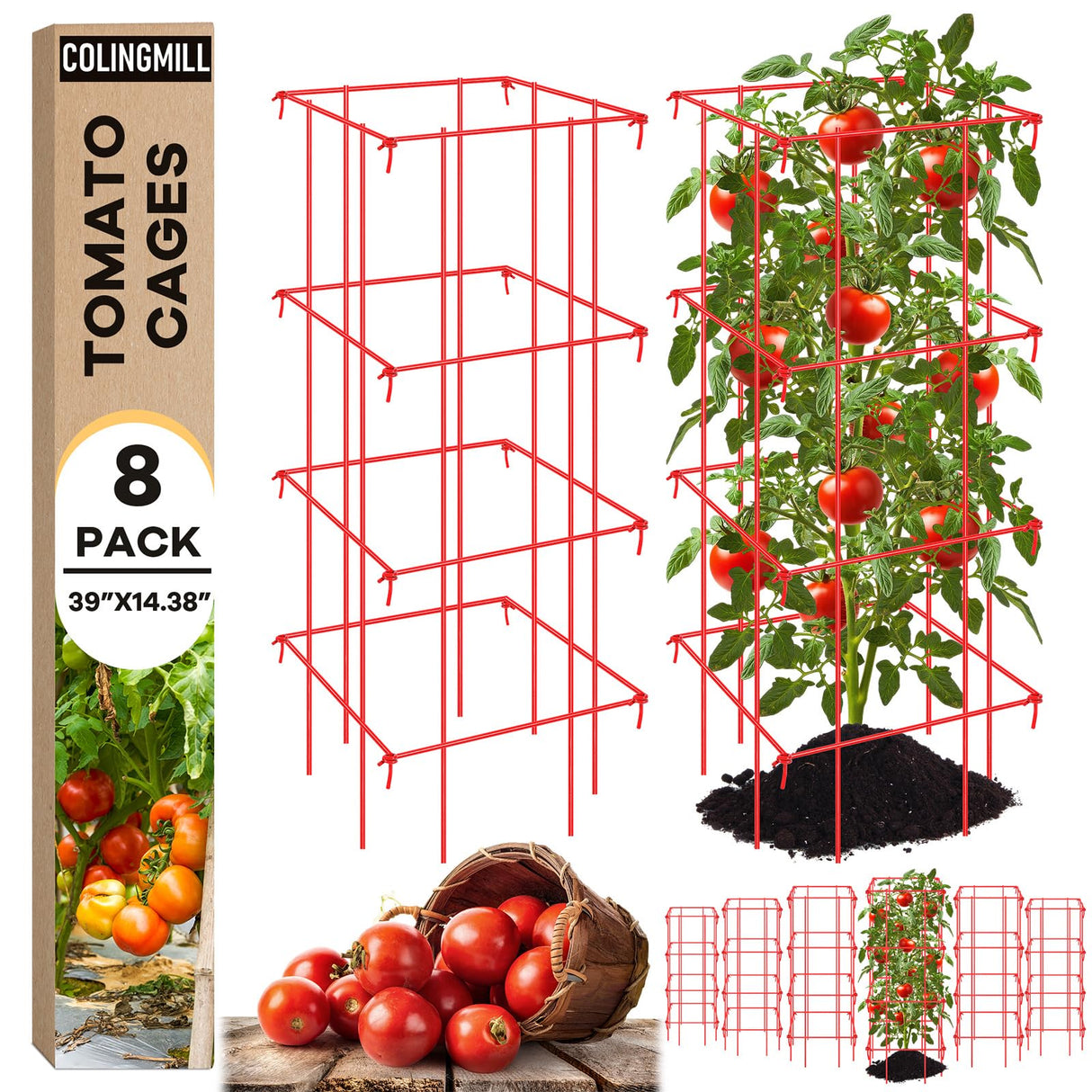 Colingmill 8 Pack Tomato Cages 39 Inch (H) Heavy Duty Square Tomato Cages Powder Coated Steel Plants Support Garden Trellis Stakes for Cucumber, Peas, Vegetables Climbing Plants