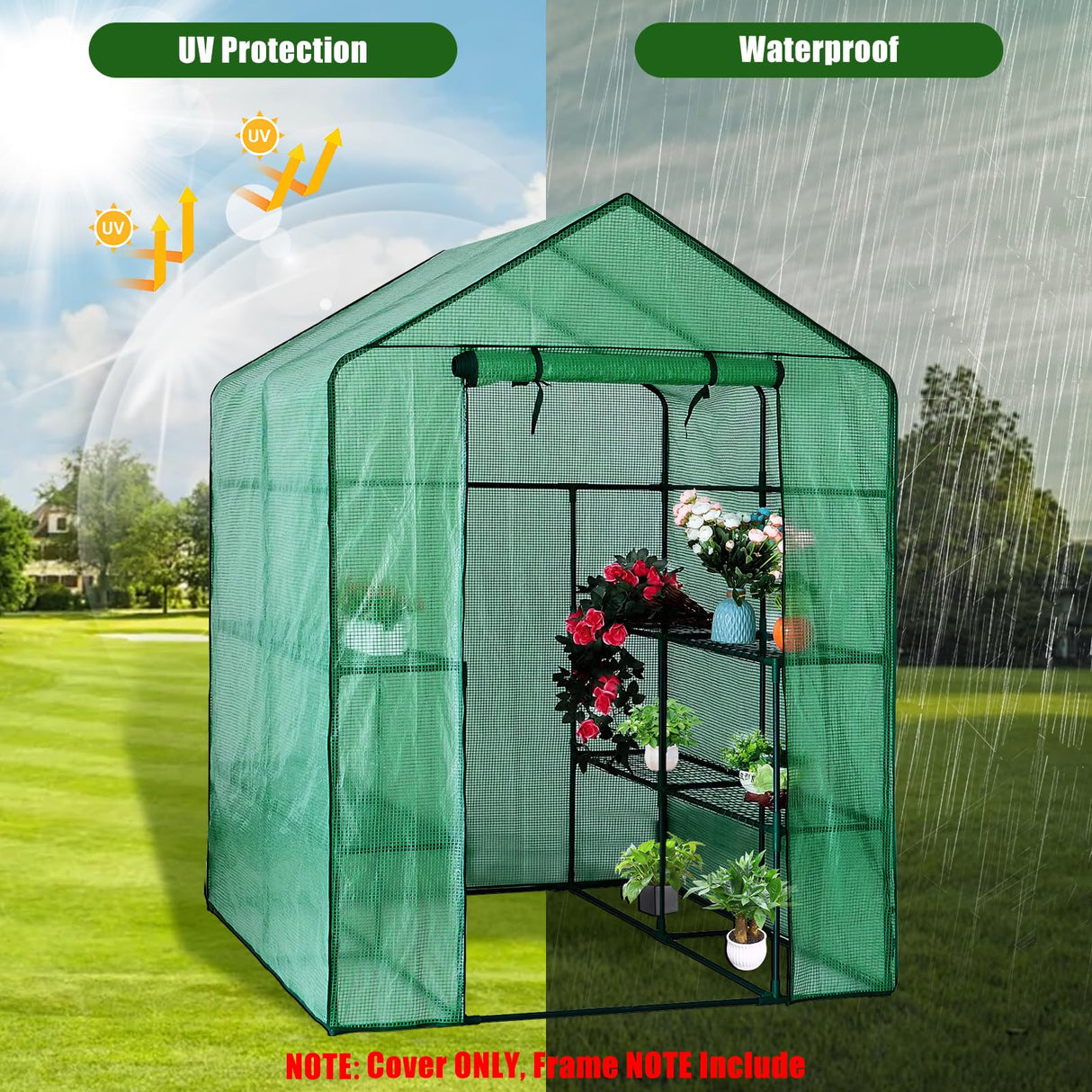 Walk-in Greenhouse Replacement Cover with Roll-Up Zipper Door, 56×56×76 inch PE Greenhouse Cover Protect Outdoor Gardening Plants from Cold Frost，Waterproof and UV Resistant(Frame Not Include)
