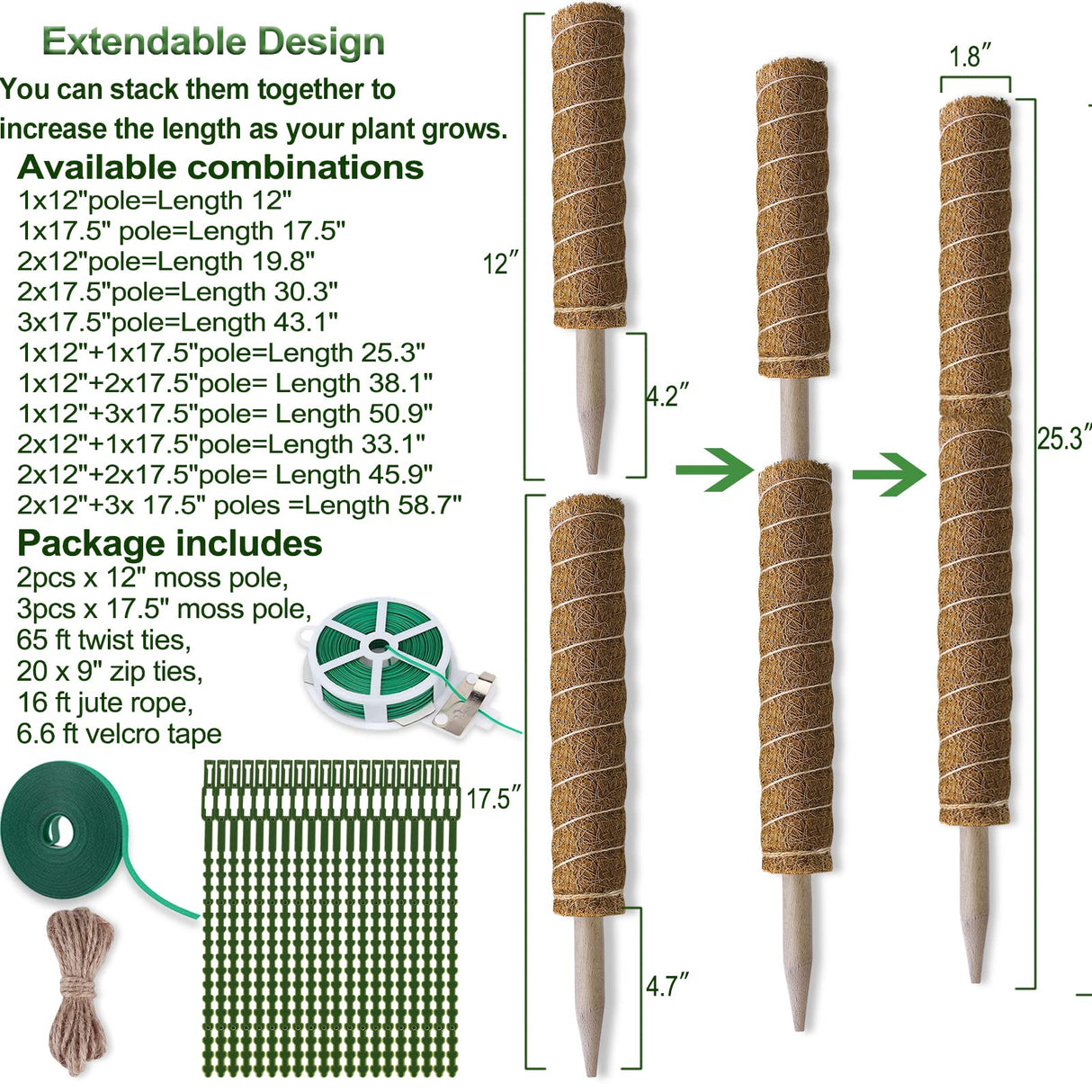 Fabulas Moss Pole 58.7 Inch - Monstera Plant Support 5 Pack, 17.5" and 12" Plant Stakes for Indoor Plants Coco Coir Moss Pole Sticks for Climbing Potted Live Plants, Pothos, Philodendron