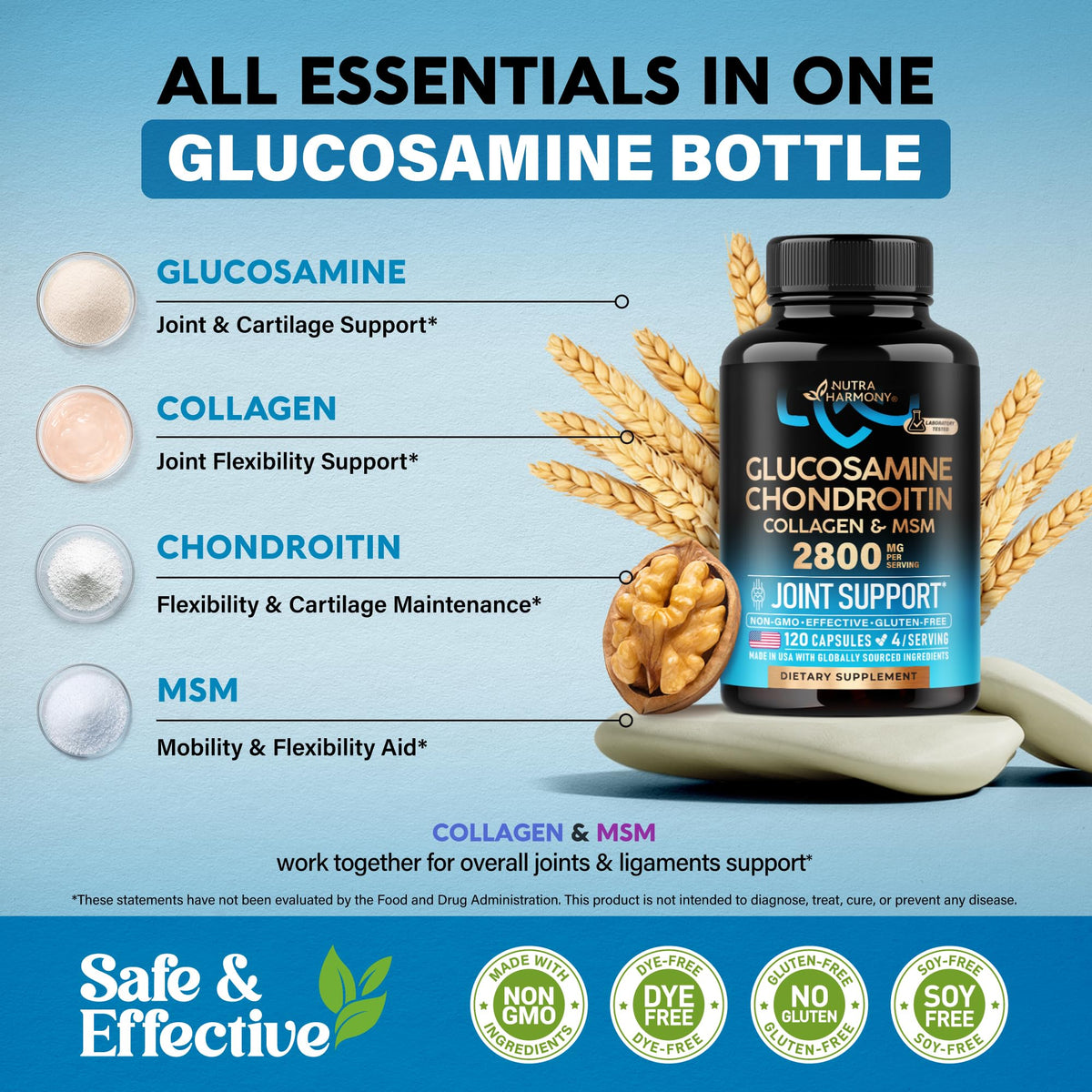 Glucosamine Chondroitin MSM Collagen - Joint Supplements 2800 mg - 120 Caps