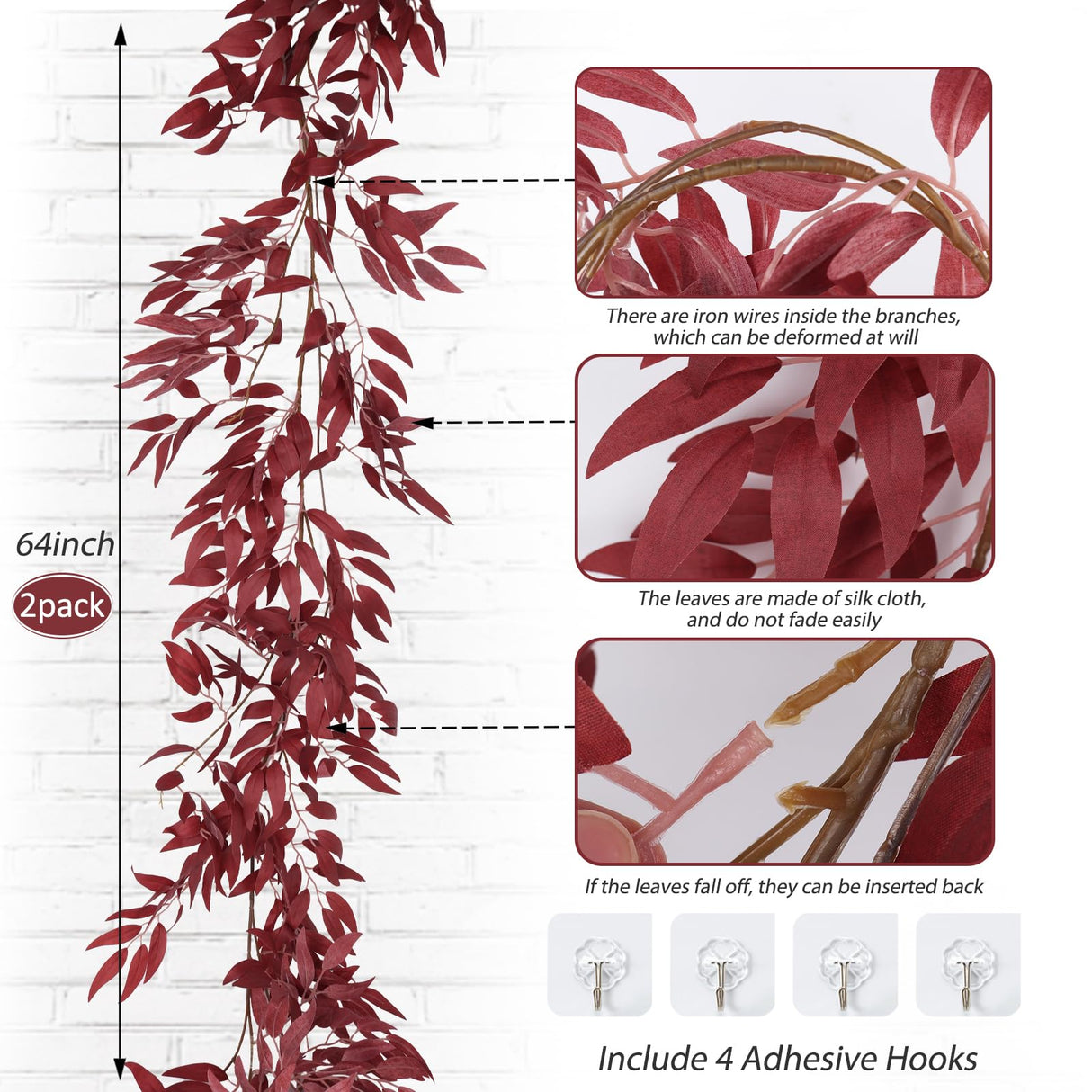 RECUTMS Artificial Hanging Willow Leaves Vine Twigs 2Pcs 5.7Ft Fake Silk Burgundy Leaf Ivy Fall Garland Faux Greenery Indoor Outdoor Valentines Day Wedding Birthday Christmas Thanksgiving Party Decor