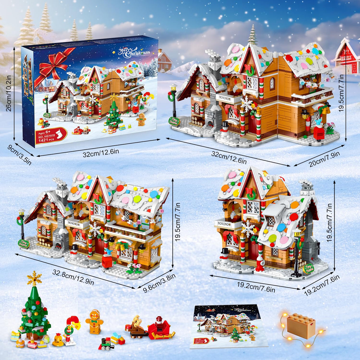 3 Style Christmas Gingerbread House Building Set with Lights - 2025 Christmas Castle Village Building Block Toy with Santa Claus Xmas Tree Train Gifts for Adults Kids Girls Boys Ages 6+ (1477PCS)