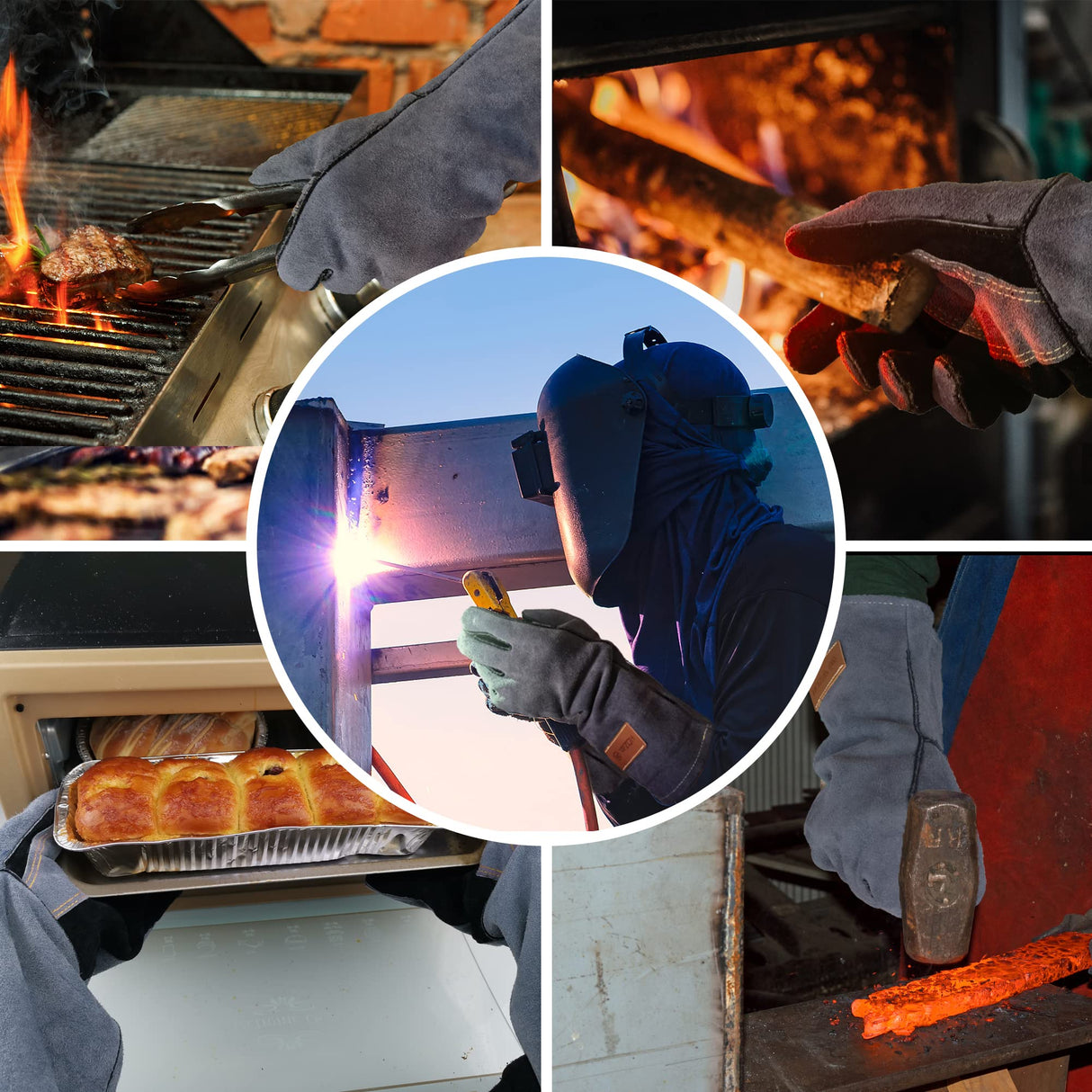 WZQH 16 Inches,932℉,Leather Welding Gloves extra Large, Heat/Fire Resistant,Mitts for BBQ,Oven,Grill,Fireplace,Tig,Mig,Forge,Baking,Furnace,Stove,Pot Holder,Animal Handling Glove. XL, Black-gray
