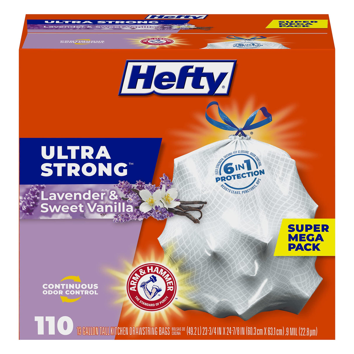 Hefty Ultra Strong 13 Gallon Trash Bags, Tall Kitchen Trash Bags 13 Gallon Size, Drawstring Closure, Continuous Odor Control, White, Lavender and Sweet Vanilla Scent, 110 Bags