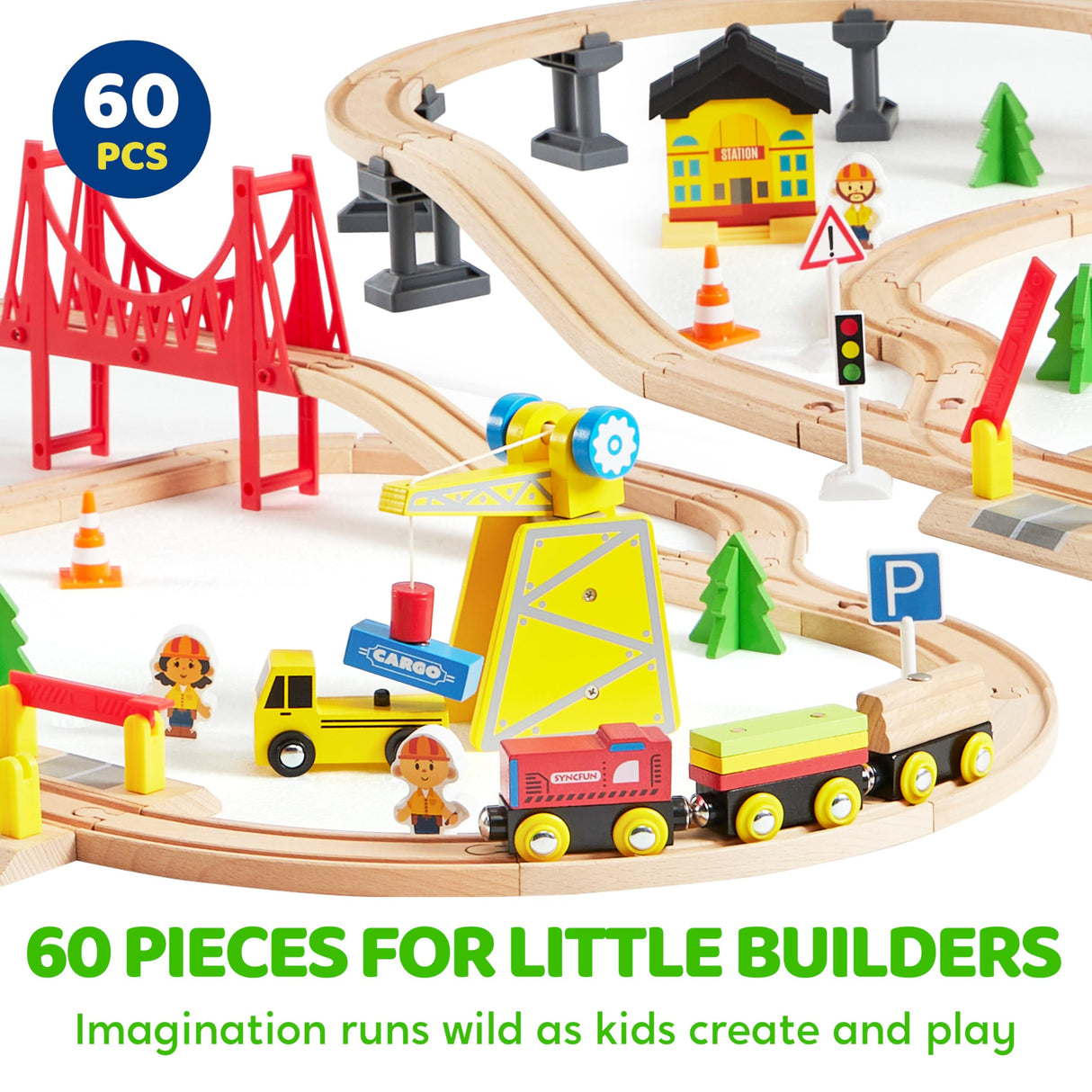 60PCS Wooden Train Set - Toy Magnetic Trains with Wooden Track Set for Kids Ages 3-8, Construction Crane Railway Set, Perfect Christmas Birthday Gift for Grandkids Toddlers Boys Girls