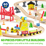 60PCS Wooden Train Set - Toy Magnetic Trains with Wooden Track Set for Kids Ages 3-8, Construction Crane Railway Set, Perfect Christmas Birthday Gift for Grandkids Toddlers Boys Girls