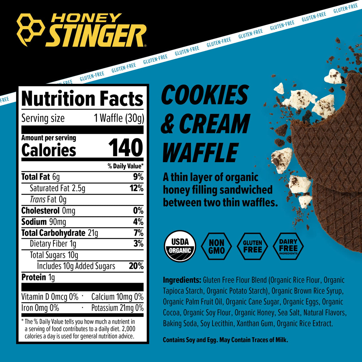 Honey Stinger Organic Gluten Free Cookies & Cream Waffle, Energy Stroopwafel for Exercise, Endurance and Performance, Sports Nutrition for Home & Gym, Pre & During Workout, 16 Waffles, 16.96 Ounce