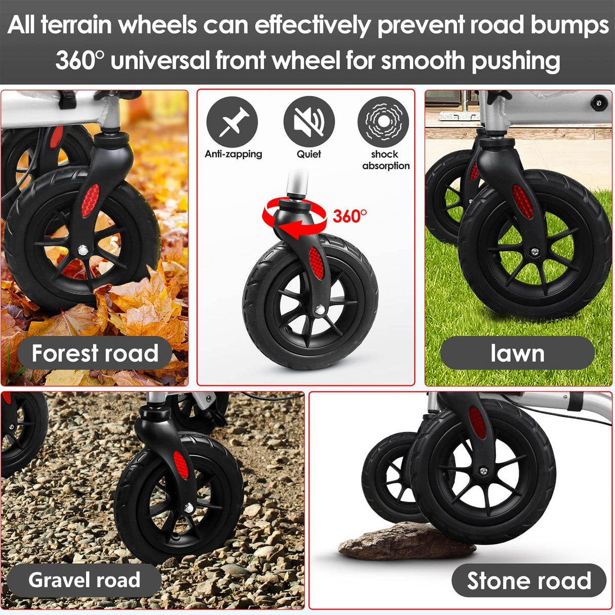 Henmnii Rollator Walker for Seniors, Lightweight Foldable All Terrain Rolling Walker with seat, Aluminum Walkers with 8 inch Rubber Wheels, Handles and Backrest for Seniors and Adult