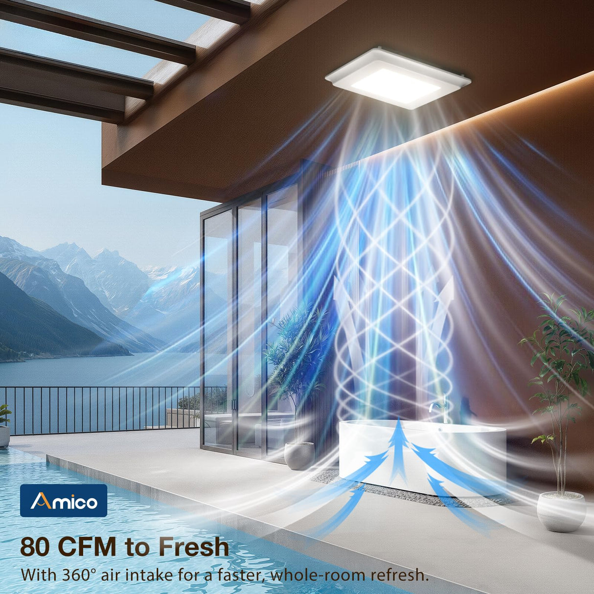 Amico Bathroom Exhaust Fan with Light, 80 CFM, 0.9 Sones, 1000LM, 5CCT, Easy Install, Ceiling Mount Shower Bathroom Fan, Adjustable Household Ventilation Fan, ETL & FCC Certified