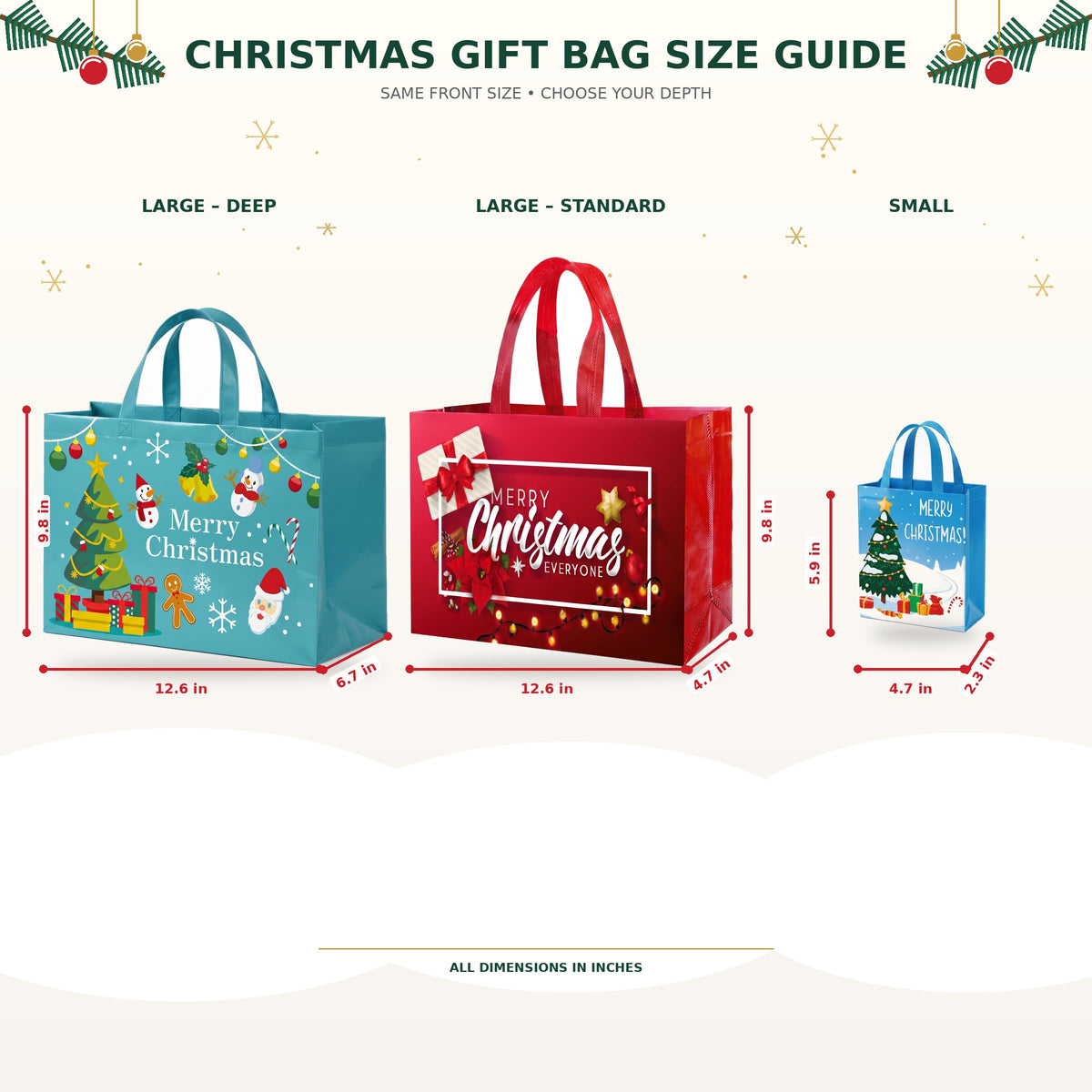 IPQXE 34 Pack Christmas Gift Bags Assorted Sizes- Reusable Tote Bags Non-Woven, Xmas Shopping Bags with Handles, for Christmas Treat Bags, Gifts Wrapping, Xmas Party Supplies 16 Large 18 Small