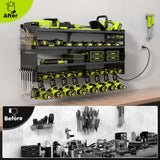 POKIPO Large Power Tool Organizer Wall Mount with Charging Station,4 Layer Heavy Duty Metal Tool Storage Rack Loads 600lbs with 8 Cordless Drill Holder,Battery Utility Rack Loads with 4 Power Strip