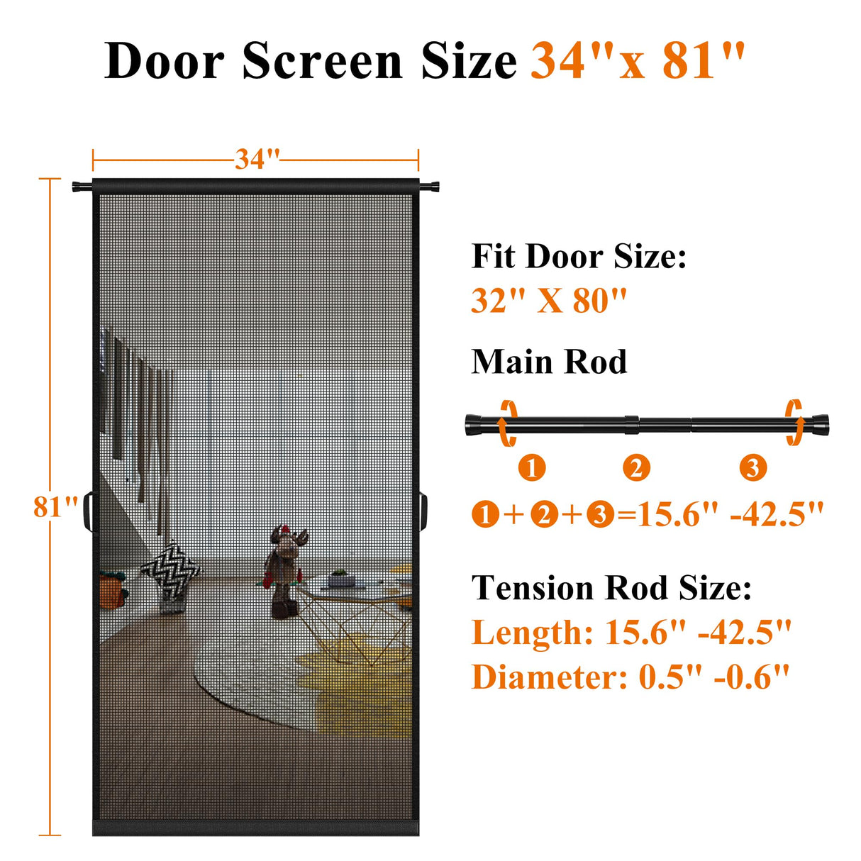 MAGZO Hanging Screen Door Curtain, Fits Door Size 32" x 80" (Mesh Size 34'' x 81''), Durable Fiberglass with Tension Rod and Hook&Loop (One Piece Can be Installed in 2 Ways), Weighted Bottom, Grey