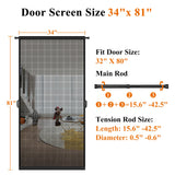 MAGZO Hanging Screen Door Curtain, Fits Door Size 32" x 80" (Mesh Size 34'' x 81''), Durable Fiberglass with Tension Rod and Hook&Loop (One Piece Can be Installed in 2 Ways), Weighted Bottom, Grey
