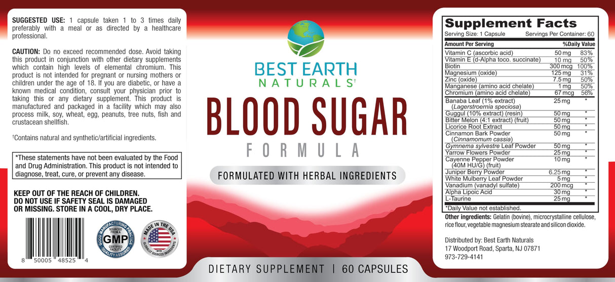 Best Earth Naturals Blood Sugar Formula with Cinnamon, Gymnema Sylvestre, Banaba, Guggul and More 60 Count