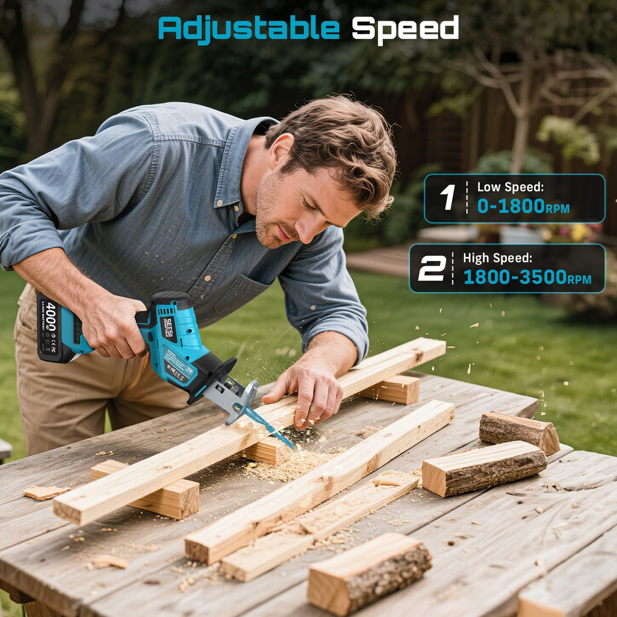 SEESII Reciprocating Saw Cordless, Variable Speed 3500 RPM Brushless Motor with 6 Saw Blades, 2 x 4.0Ah Batteries, LED Light, Tool‑Free Blade Change, Portable for Wood PVC Cutting