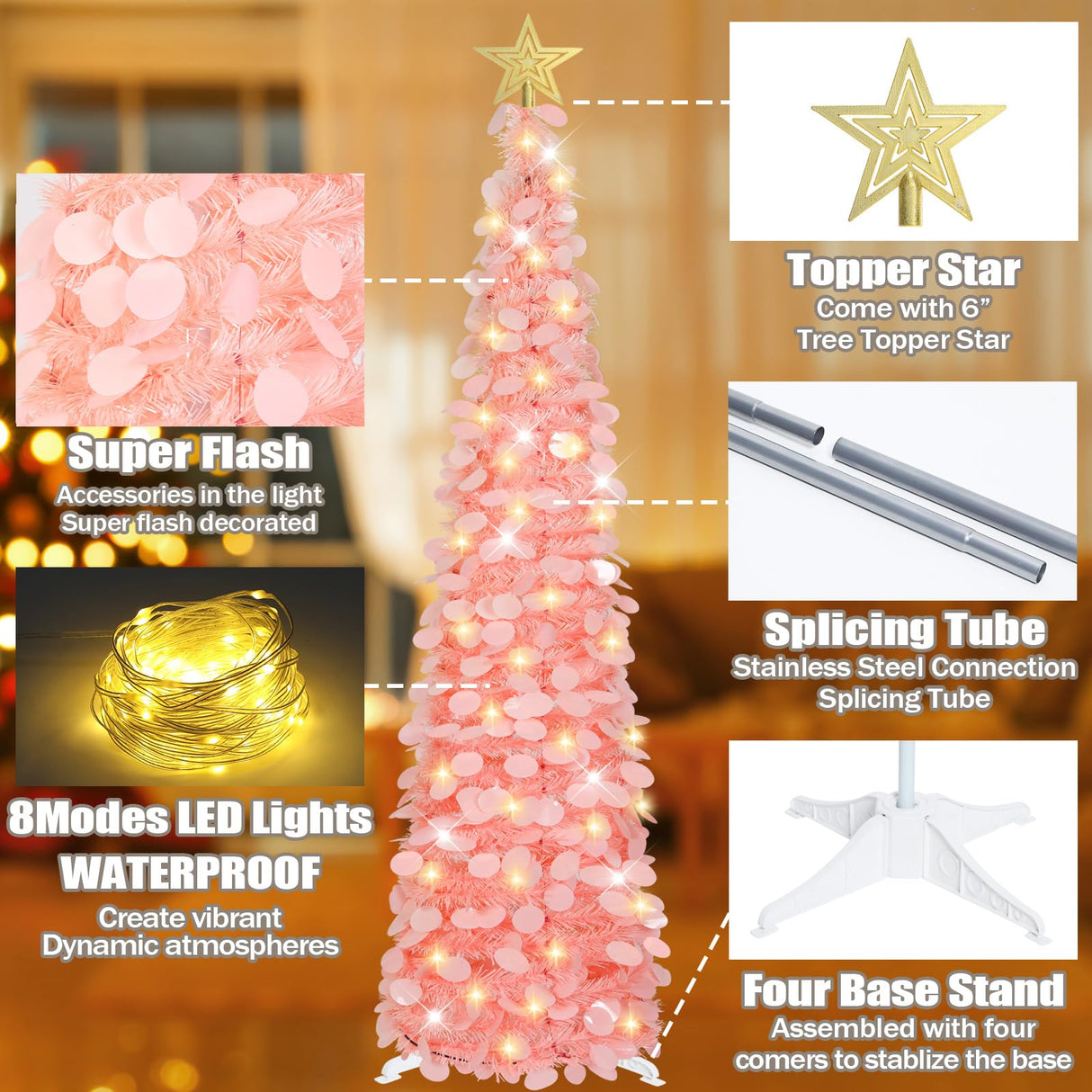 HMASYO 5 FT Pop Up Christmas Tree with Timer Lights, Pink Christmas Tinsel Tree, Collapsible Artificial Pencil Christmas Tree for Indoor Home Apartment Porch Holiday Party Decorations