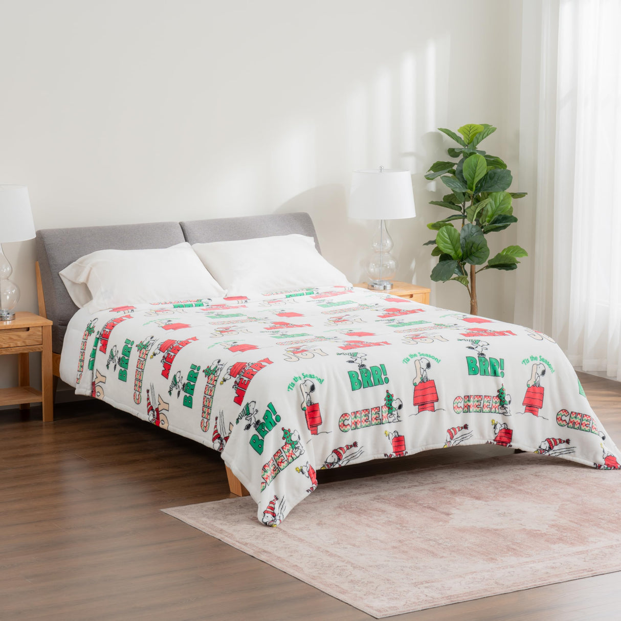 Berkshire Blanket Peanuts® VelvetLoft® Cute Character Snoopy Plush Blanket,Christmas Snowy Scene,King 90 in x 108 in (Official Peanuts® Product)
