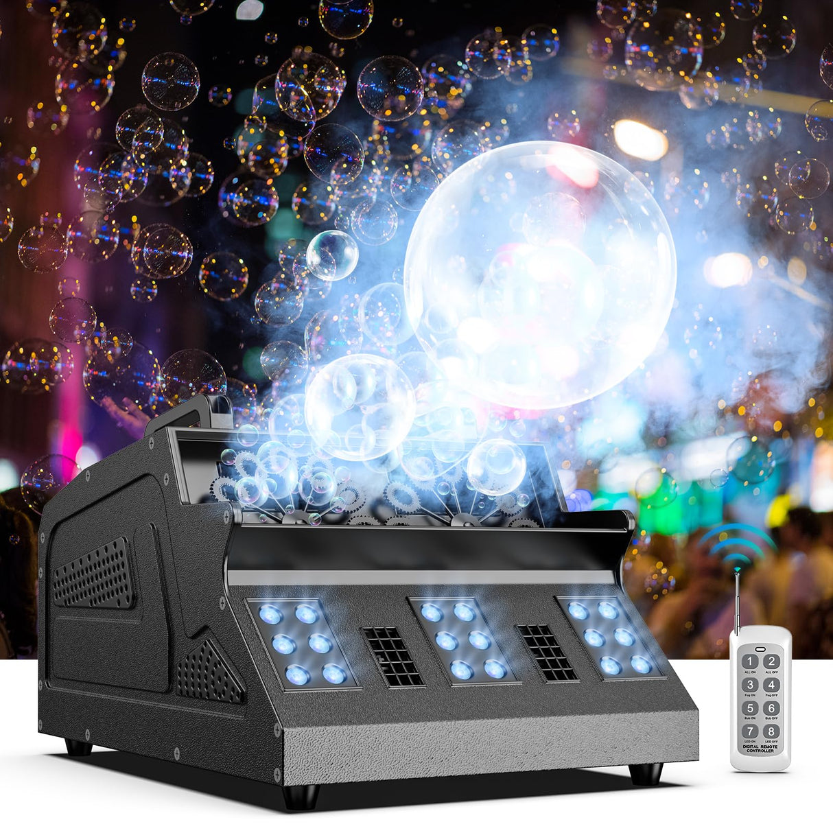 Fancybling 2000W Fog Machine, 3 in 1 Fog Bubble Machine with 2 Bubble Fans, 18 RGB LED Lights Smoke Bubble ALL IN ONE Fog Machine, Bubble Machine for Halloween Christmas Party Wedding Birthday