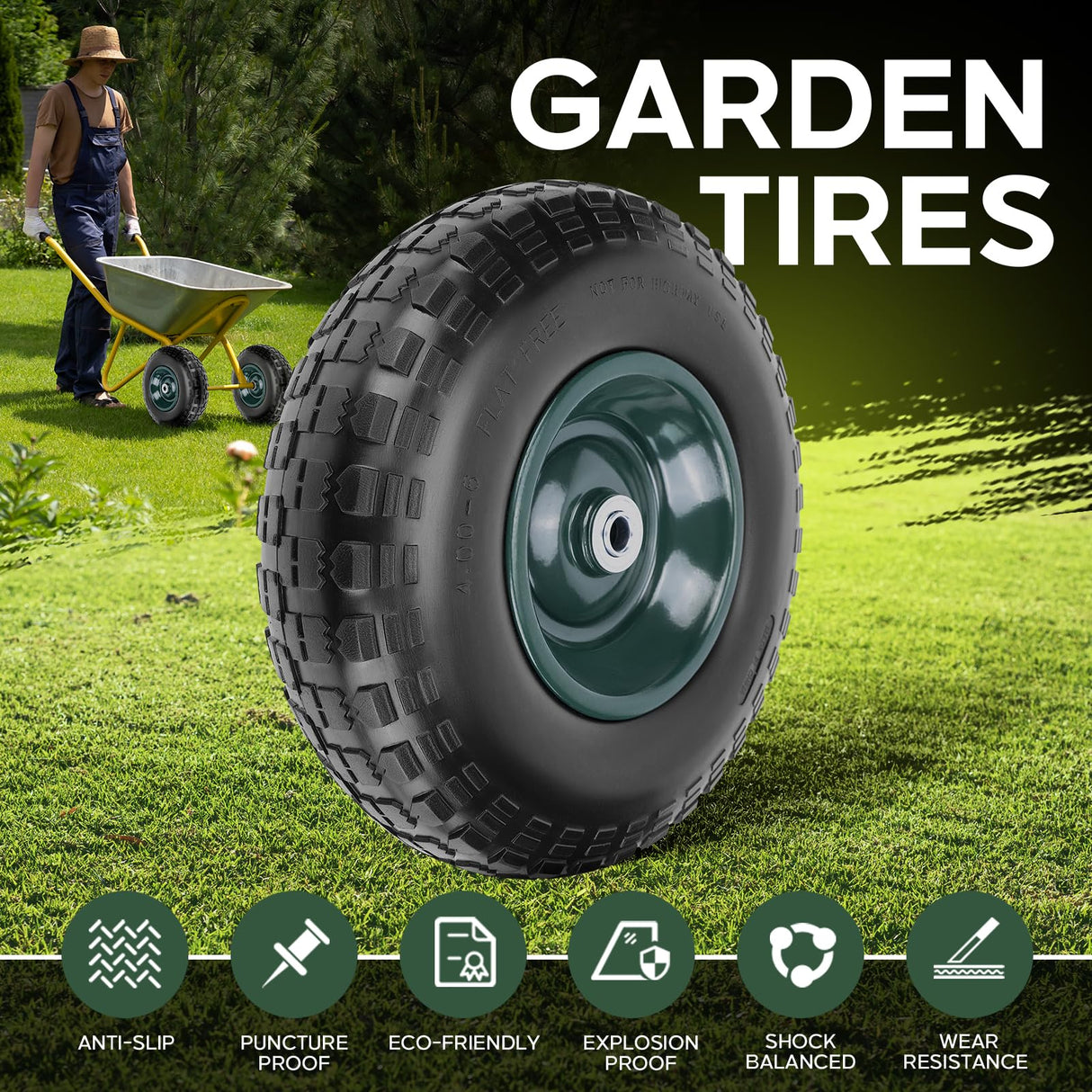 Taifa 1 PC 13 Inch 4.00-6 with 5/8'' & 3/4'' Bearings Rubber Solid Flat Free Replacement Tires and Wheels, Air Less Wheel for Wheelbarrow/Wagon/Hand Truck/Trolley/Garden Scooter etc.