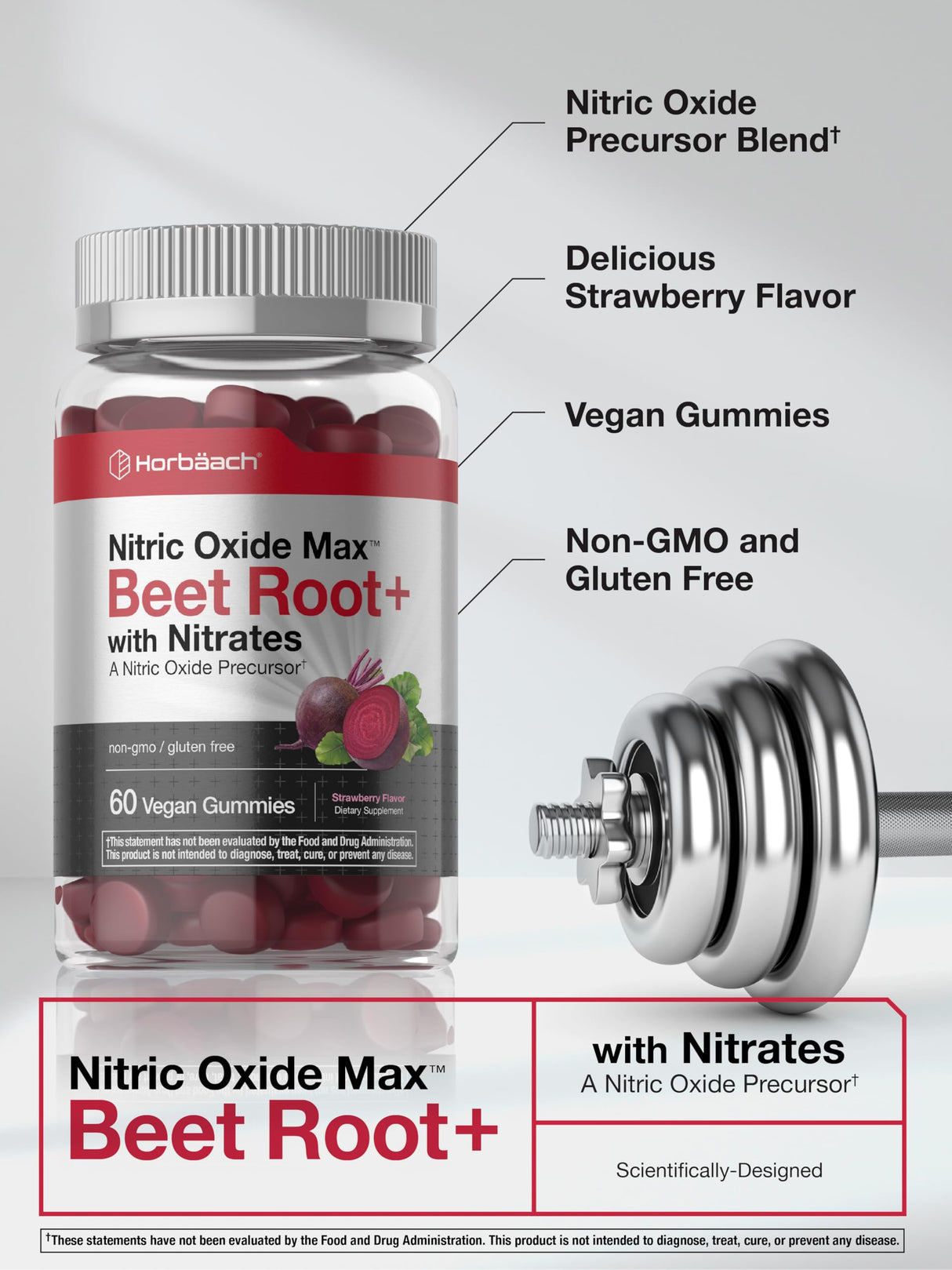Horbäach Nitric Oxide Beet Root Gummies | 60 Count | with Nitrates | Strawberry Flavor | Vegan, Non-GMO, Gluten Free Supplement