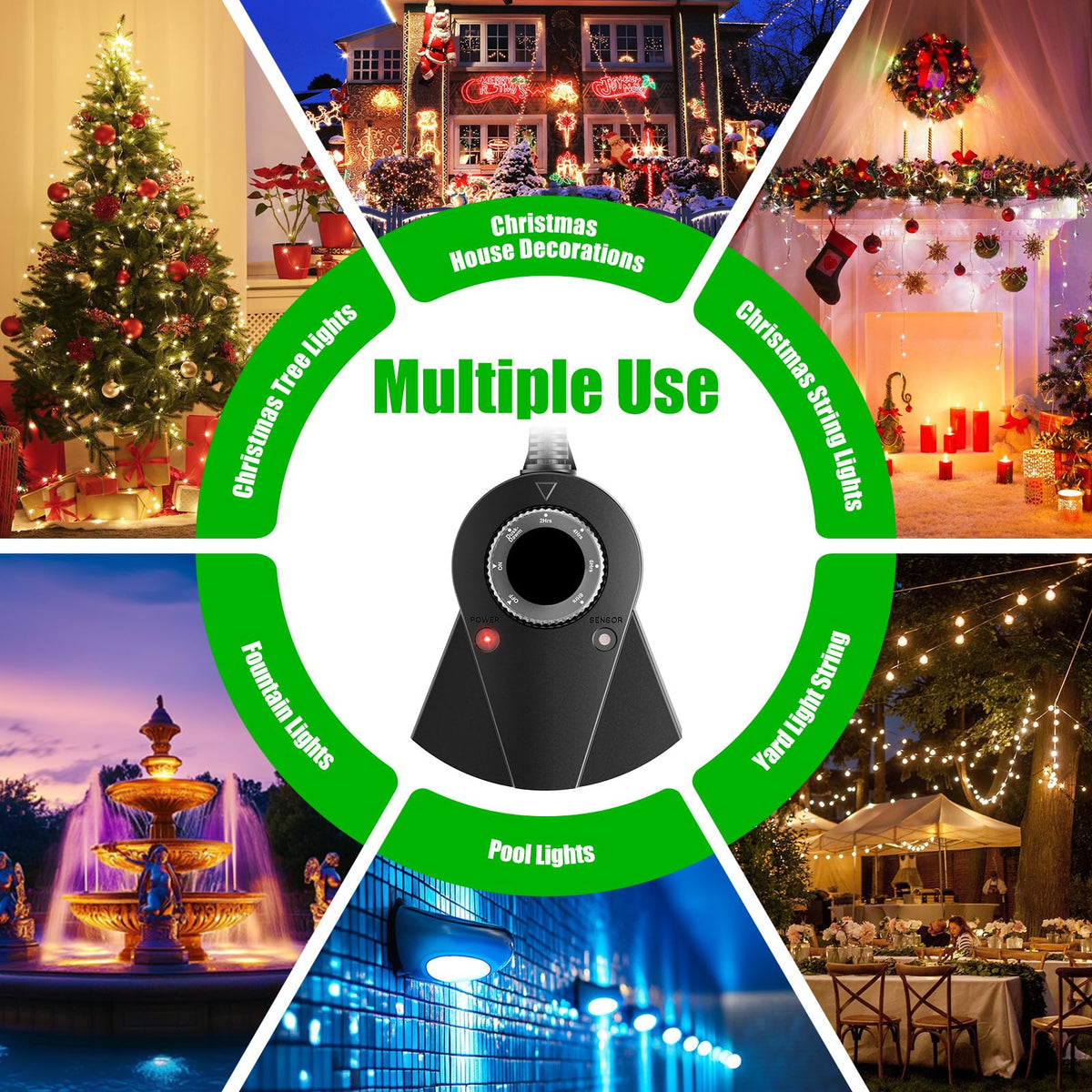 Outdoor Light Timer Waterproof, 24 Hours Plug in Timer with 2, 4, 6 or 8 Hours Countdown Mode, 3 Grounded Dusk to Dawn Electrical Outlet for Outdoor Backyard Garden Patio Lights Christmas Decorations