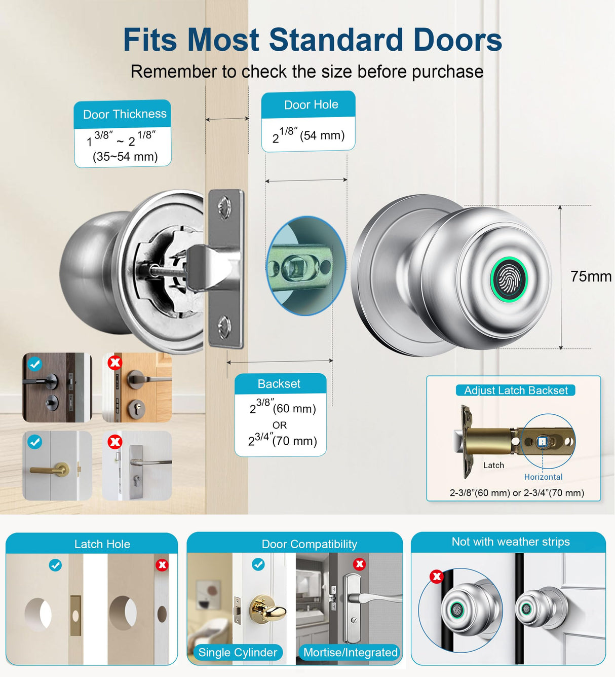 KLLOQUE Fingerprint Door Lock, Smart Fingerprint Door Knob with Lock, Biometric Door Locks with App Control & Key, Keyless Thumbprint Entry Door Locks for Bedroom, Front Door, Home, Apartment-Silver