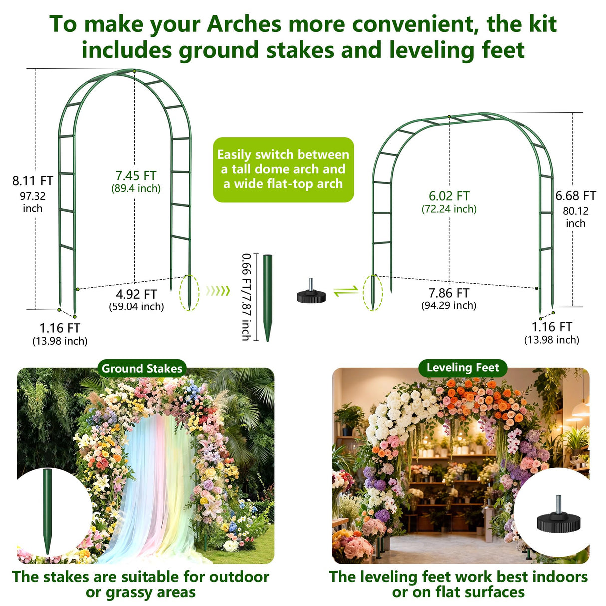 Fecita Thickened Rustproof Garden Arch Metal Trellis for Climbing Plants Outdoor, Wedding Arch Garden Arbor Frame Archway 4.9 x8.1 or 7.9 x6.7Ft Flower Arches for Bridal Party Decoration (Green)