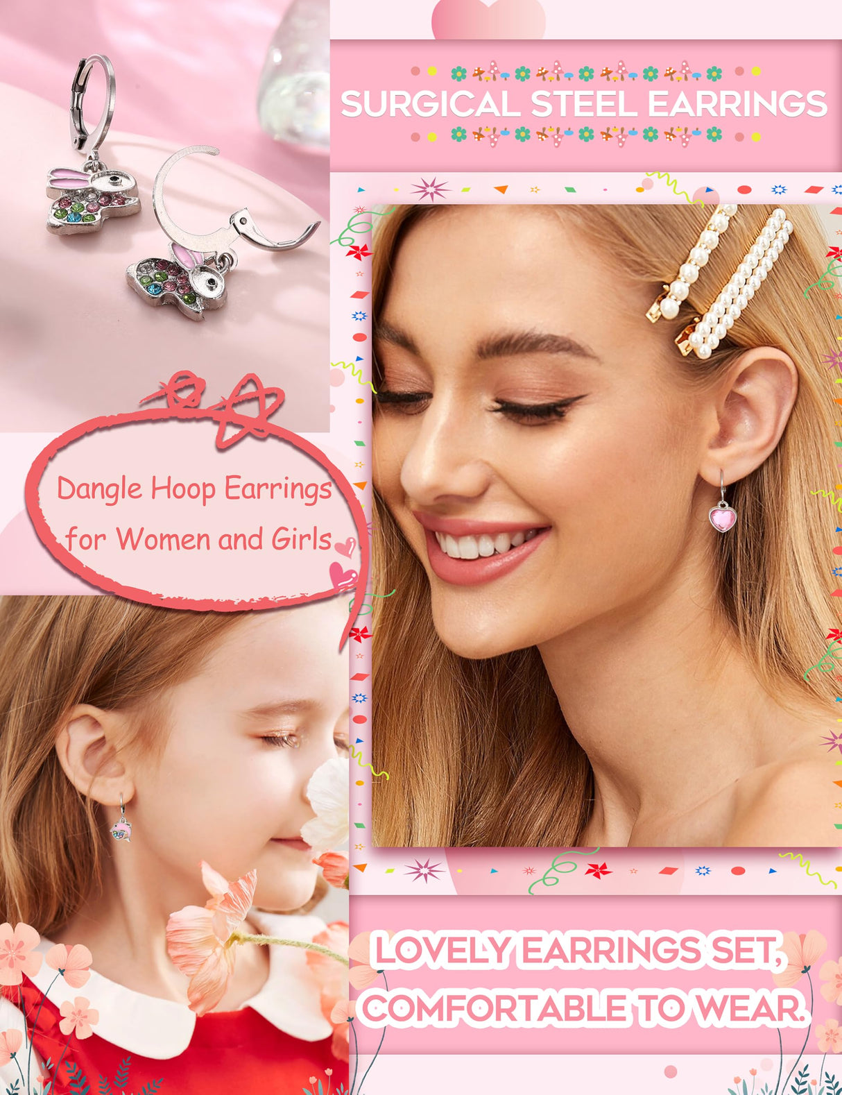BESTEEL 16 Pairs Hypoallergenic Earrings for Girls Women Sensitive Ears Cute Surgical Steel Dangle Huggie Hoop Earings Set with Charm CZ Heart Animal Christmas Gifts Silver