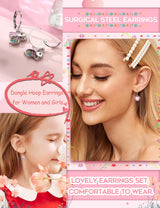 BESTEEL 16 Pairs Hypoallergenic Earrings for Girls Women Sensitive Ears Cute Surgical Steel Dangle Huggie Hoop Earings Set with Charm CZ Heart Animal Christmas Gifts Silver