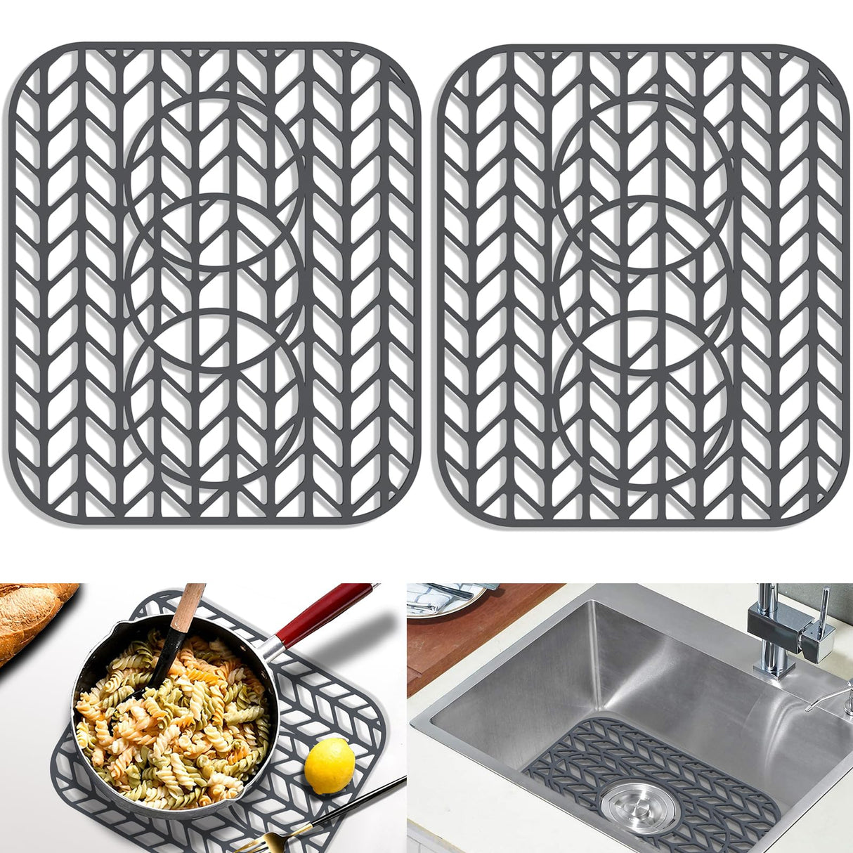 GUUKIN Sink Protectors for Kitchen sink, 13 5/8" x 11 5/8" Folding Non-slip Silicone Sink Mat Grid for Bottom of Farmhouse Stainless Steel Porcelain with 3 Reserved Holes Pack of 2