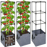 Qinzave 3 Pack Square Tomato Cages with Grow Bags, 42.5 Inch Stable Square Tomato Planter Support Stakes Kit for Garden, Tomato Cages Trellis Pots for Spring Climbing Vegetables Fruits Vines Flowers