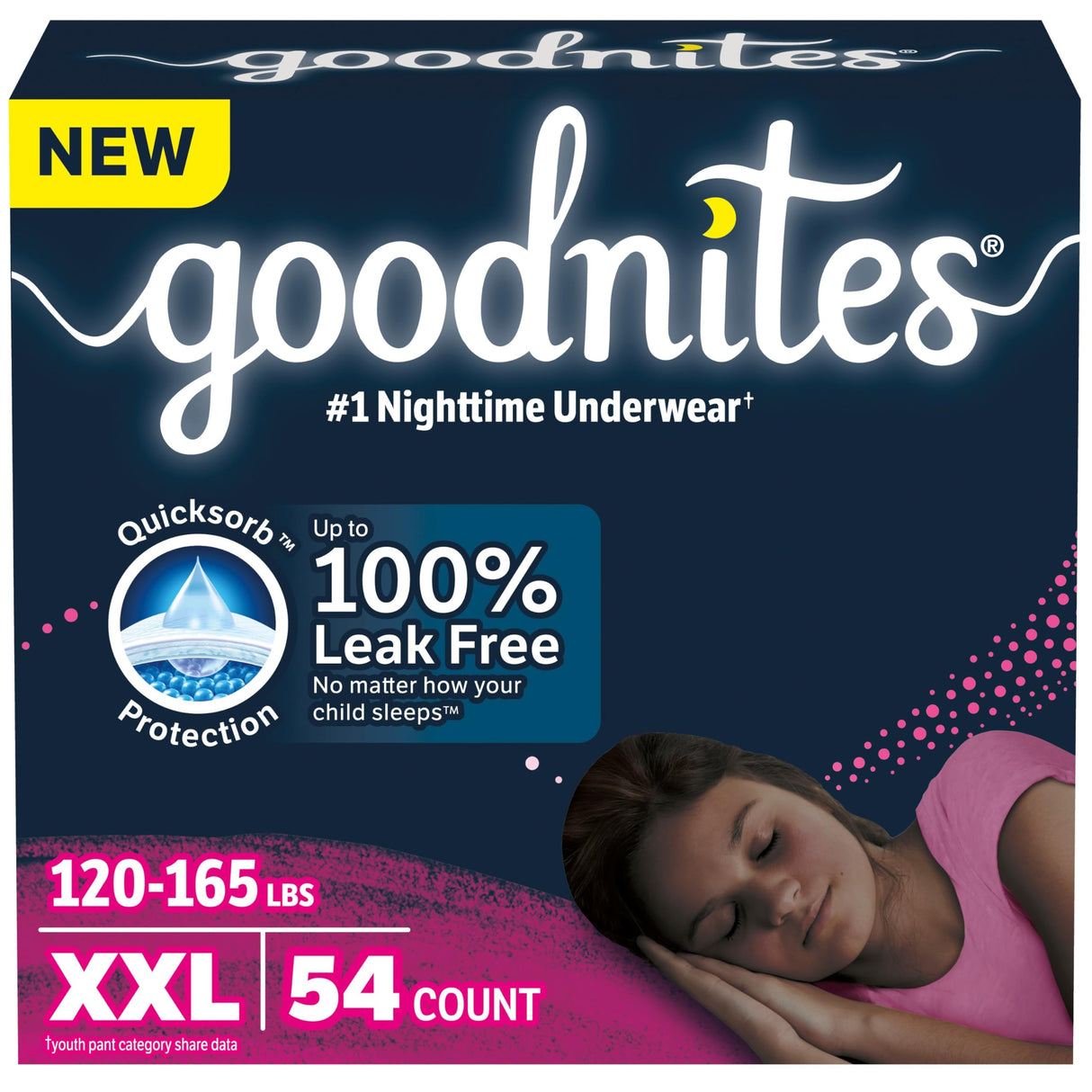 Goodnites Girls' Nighttime Underwear, Size XXL (120-165 lbs), 54 Ct, Packaging May Vary